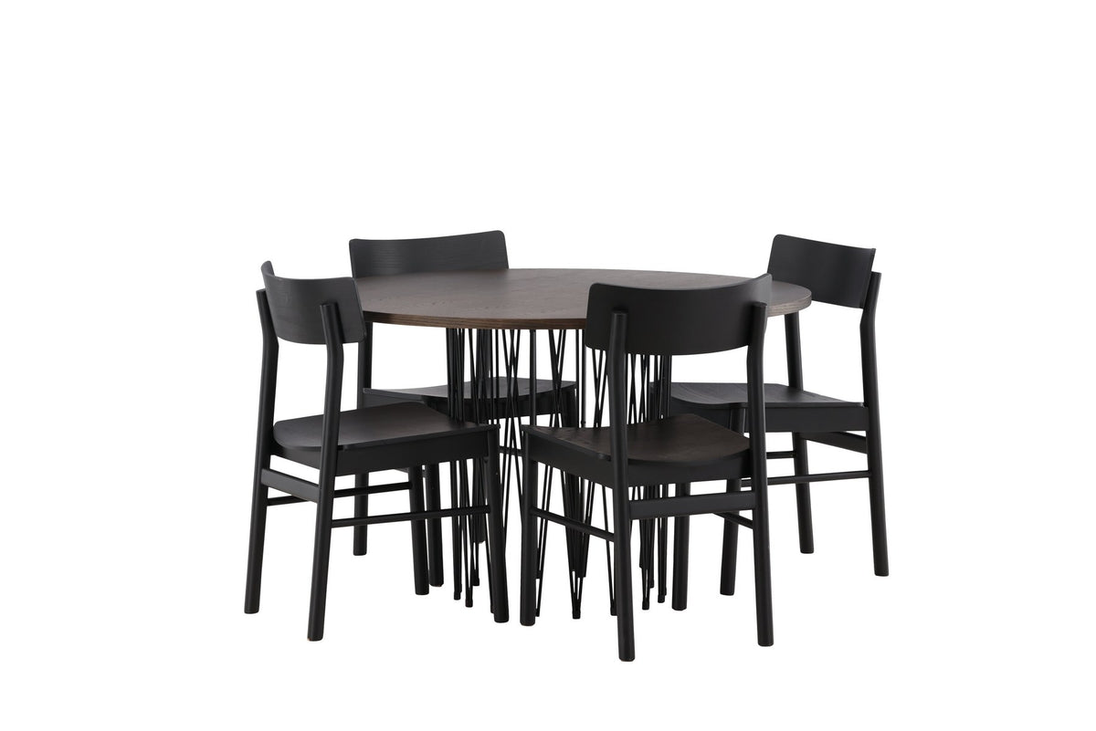 Rundes Esszimmerset mit Steinlook-Tisch aus MDF und Mocca-Furnier, schwarzem Metallgestell und vier Limhamn-Stühlen mit beigem Samtbezug.