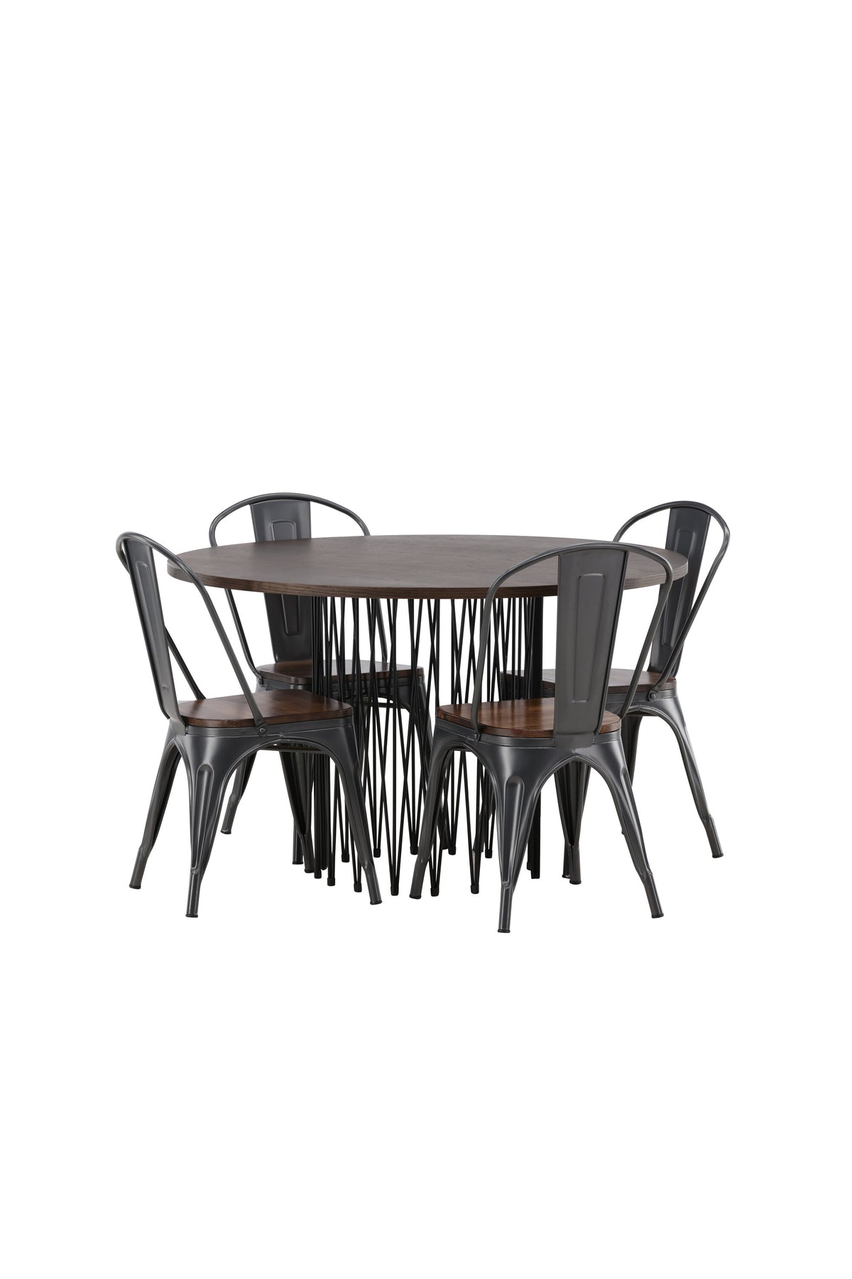 Rundes Esszimmerset mit Steinlook-Tisch aus MDF und Mocca-Furnier, schwarzem Metallgestell und vier Limhamn-Stühlen mit beigem Samtbezug.