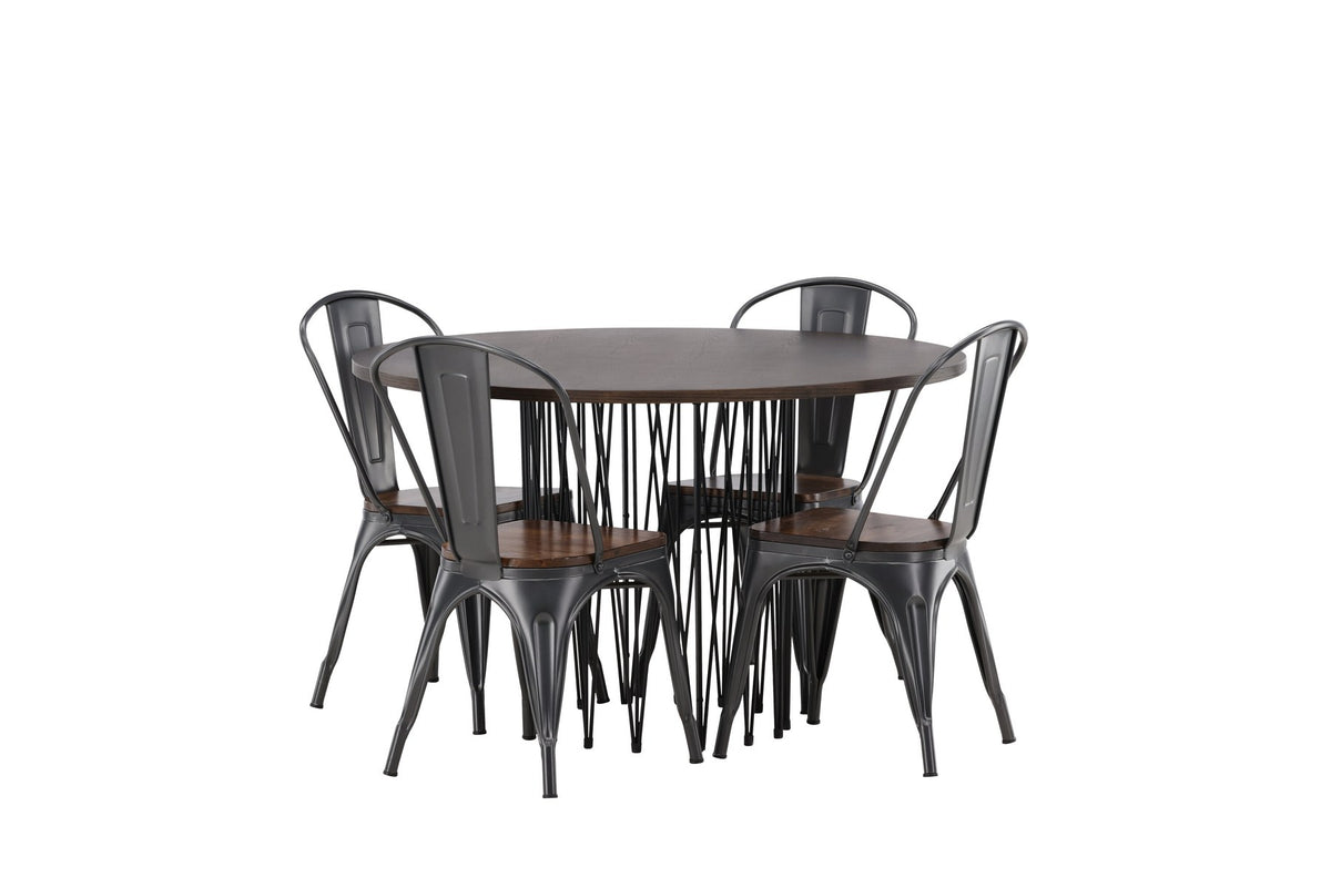 Rundes Esszimmerset mit Steinlook-Tisch aus MDF und Mocca-Furnier, schwarzem Metallgestell und vier Limhamn-Stühlen mit beigem Samtbezug.