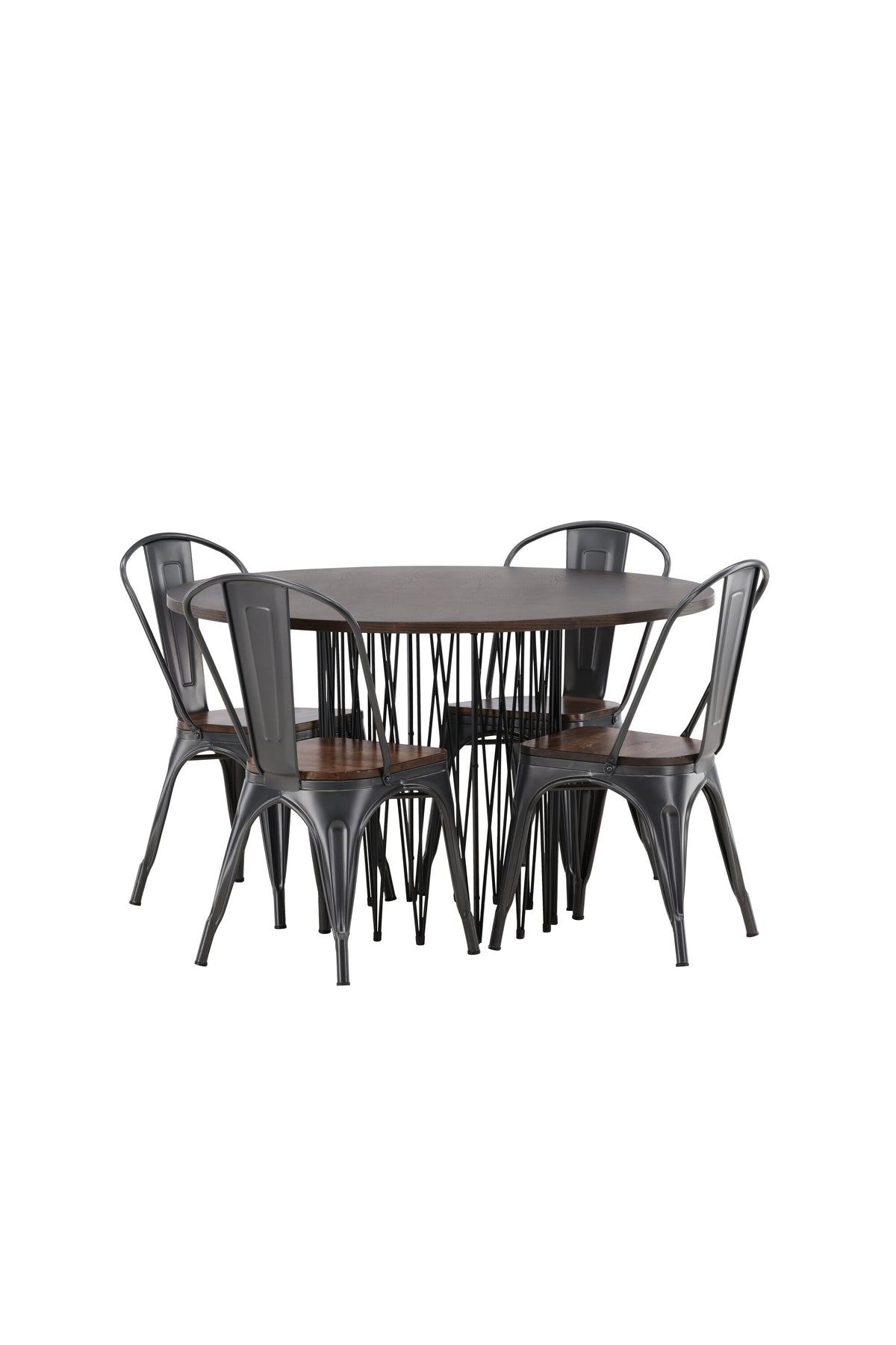 Rundes Esszimmerset mit Steinlook-Tisch aus MDF und Mocca-Furnier, schwarzem Metallgestell und vier Limhamn-Stühlen mit beigem Samtbezug.