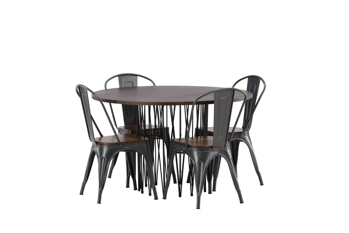 Rundes Esszimmerset mit Steinlook-Tisch aus MDF und Mocca-Furnier, schwarzem Metallgestell und vier Limhamn-Stühlen mit beigem Samtbezug.