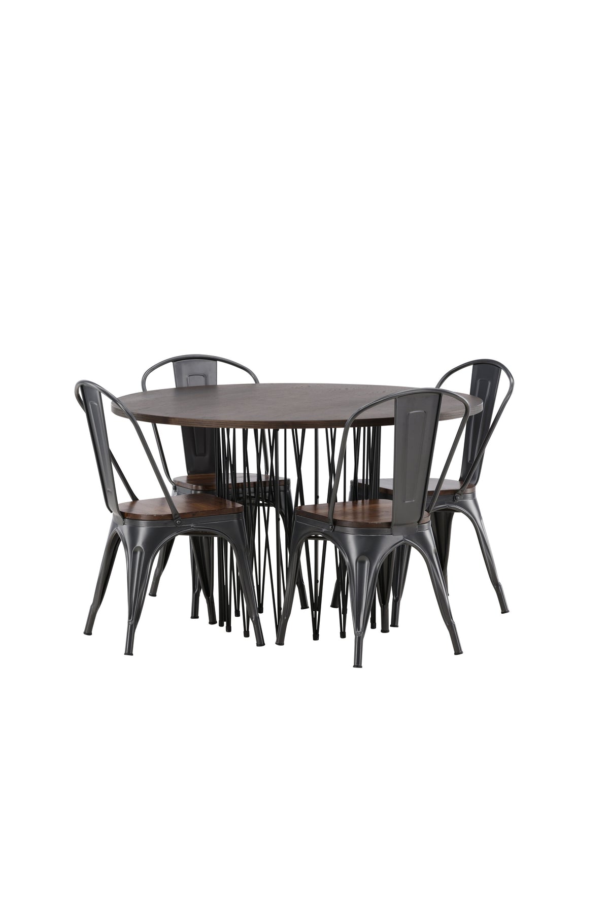 Rundes Esszimmerset mit Steinlook-Tisch aus MDF und Mocca-Furnier, schwarzem Metallgestell und vier Limhamn-Stühlen mit beigem Samtbezug.