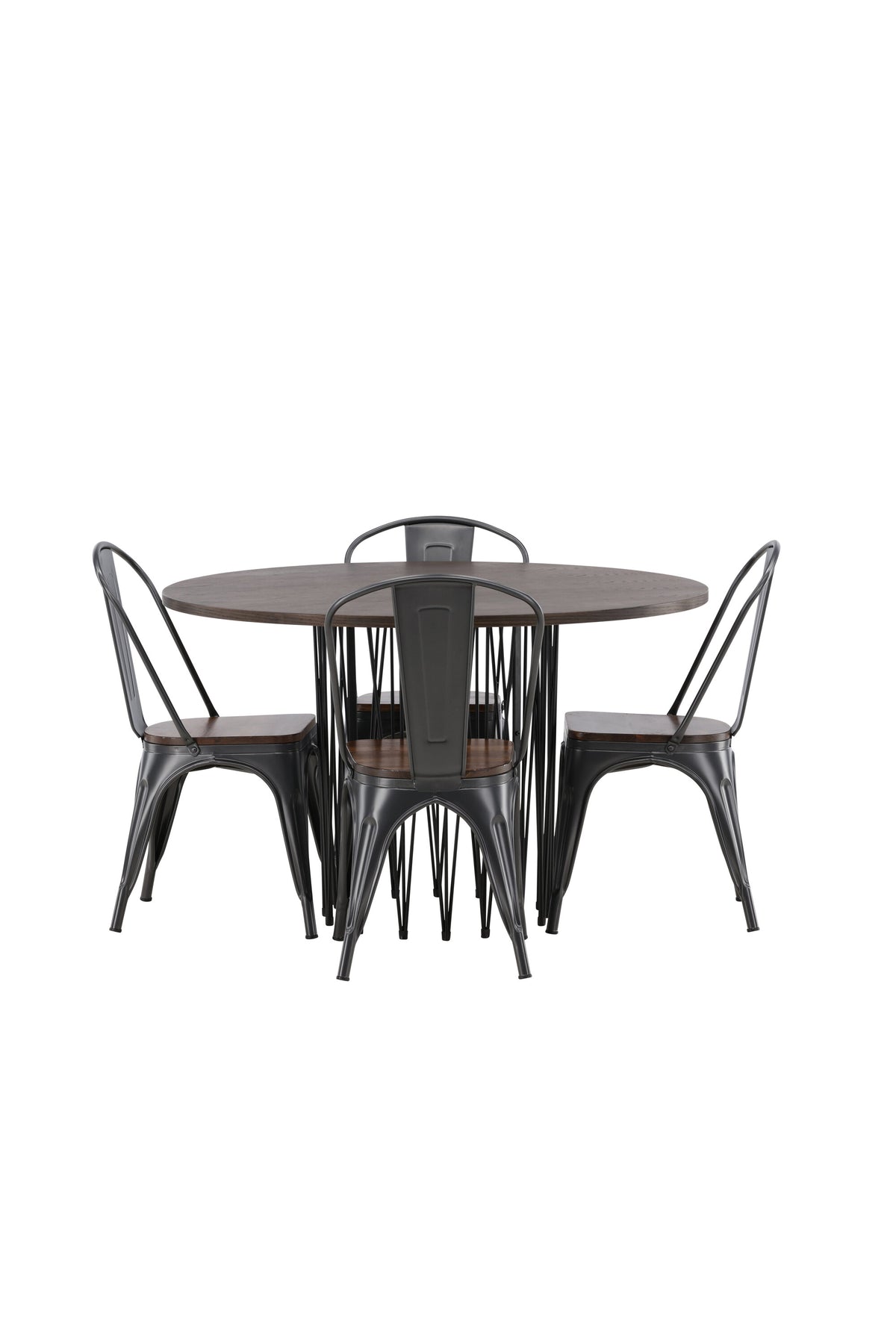 Rundes Esszimmerset mit Steinlook-Tisch aus MDF und Mocca-Furnier, schwarzem Metallgestell und vier Limhamn-Stühlen mit beigem Samtbezug.