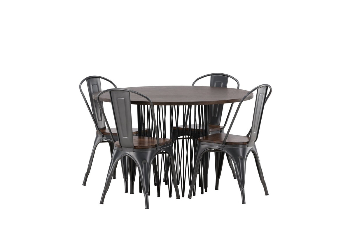 Rundes Esszimmerset mit Steinlook-Tisch aus MDF und Mocca-Furnier, schwarzem Metallgestell und vier Limhamn-Stühlen mit beigem Samtbezug.