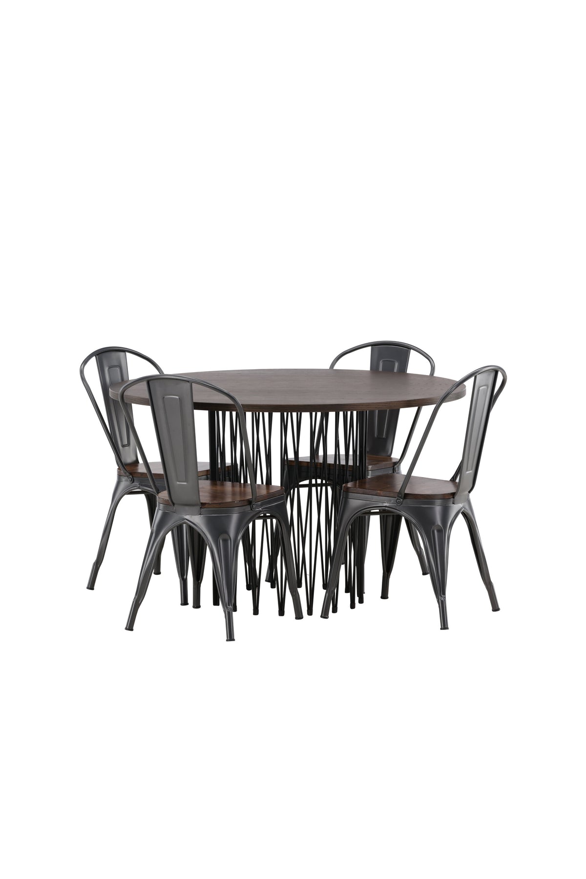 Rundes Esszimmerset mit Steinlook-Tisch aus MDF und Mocca-Furnier, schwarzem Metallgestell und vier Limhamn-Stühlen mit beigem Samtbezug.