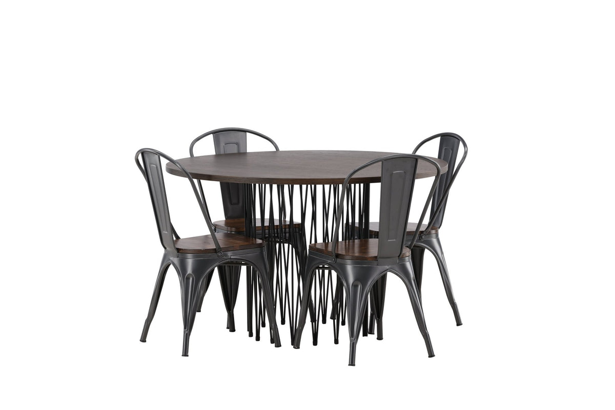 Rundes Esszimmerset mit Steinlook-Tisch aus MDF und Mocca-Furnier, schwarzem Metallgestell und vier Limhamn-Stühlen mit beigem Samtbezug.