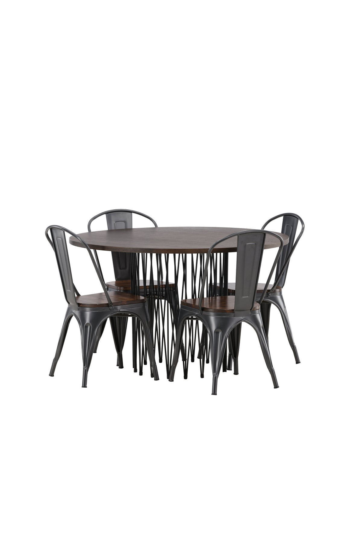 Rundes Esszimmerset mit Steinlook-Tisch aus MDF und Mocca-Furnier, schwarzem Metallgestell und vier Limhamn-Stühlen mit beigem Samtbezug.