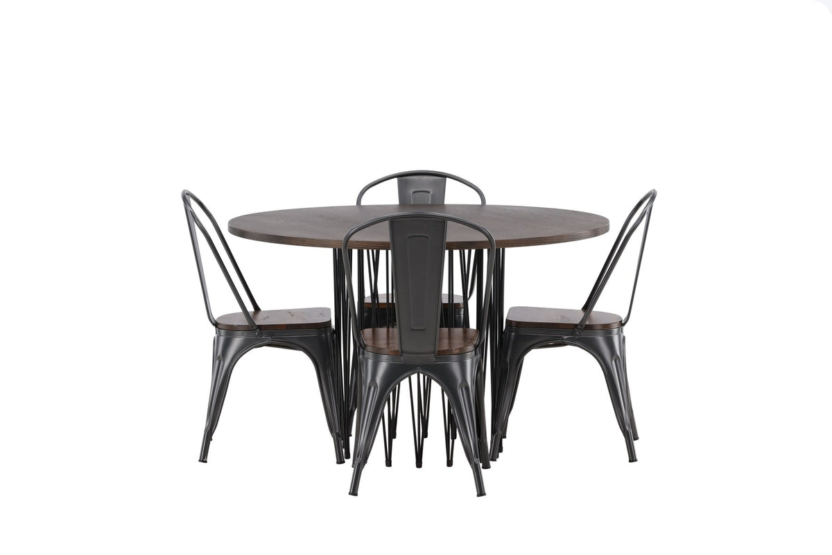 Rundes Esszimmerset mit Steinlook-Tisch aus MDF und Mocca-Furnier, schwarzem Metallgestell und vier Limhamn-Stühlen mit beigem Samtbezug.