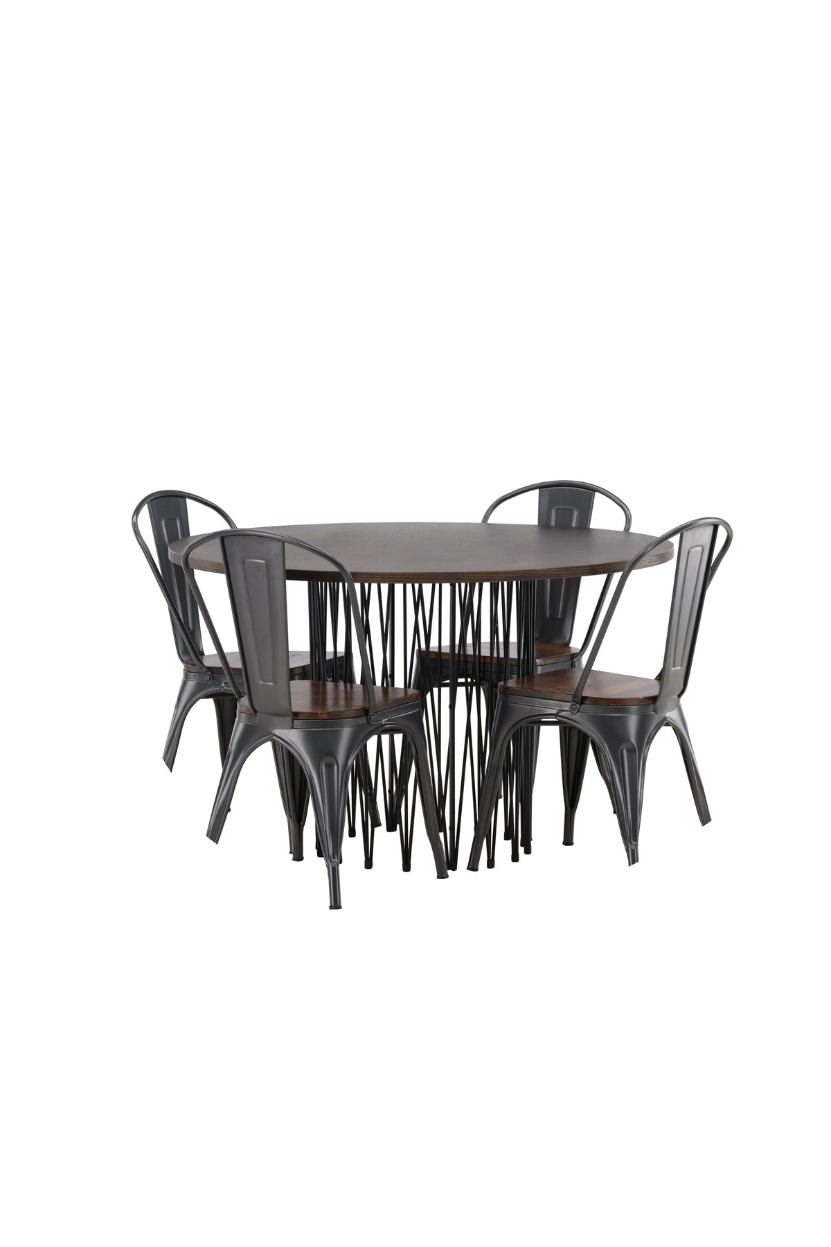 Rundes Esszimmerset mit Steinlook-Tisch aus MDF und Mocca-Furnier, schwarzem Metallgestell und vier Limhamn-Stühlen mit beigem Samtbezug.