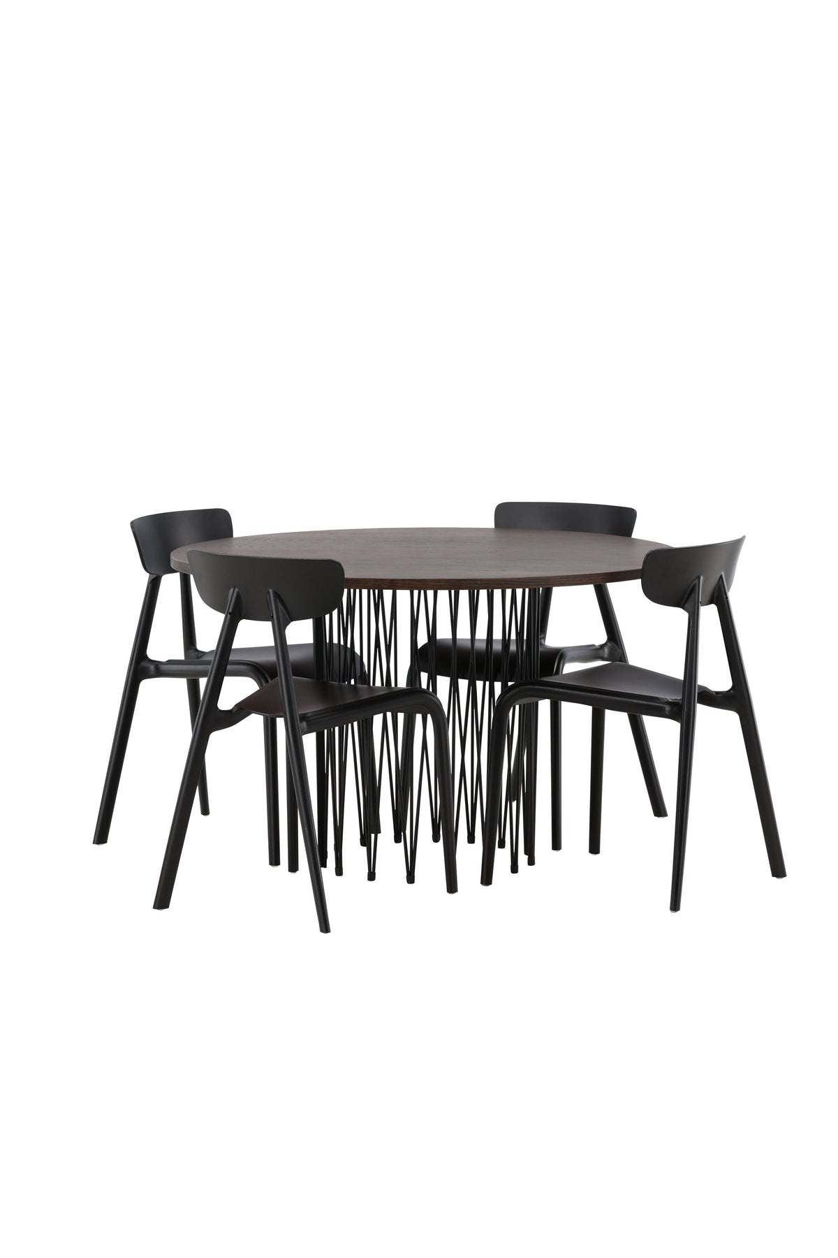 Rundes Esszimmerset mit Steinlook-Tisch aus MDF und Mocca-Furnier, schwarzem Metallgestell und vier Limhamn-Stühlen mit beigem Samtbezug.