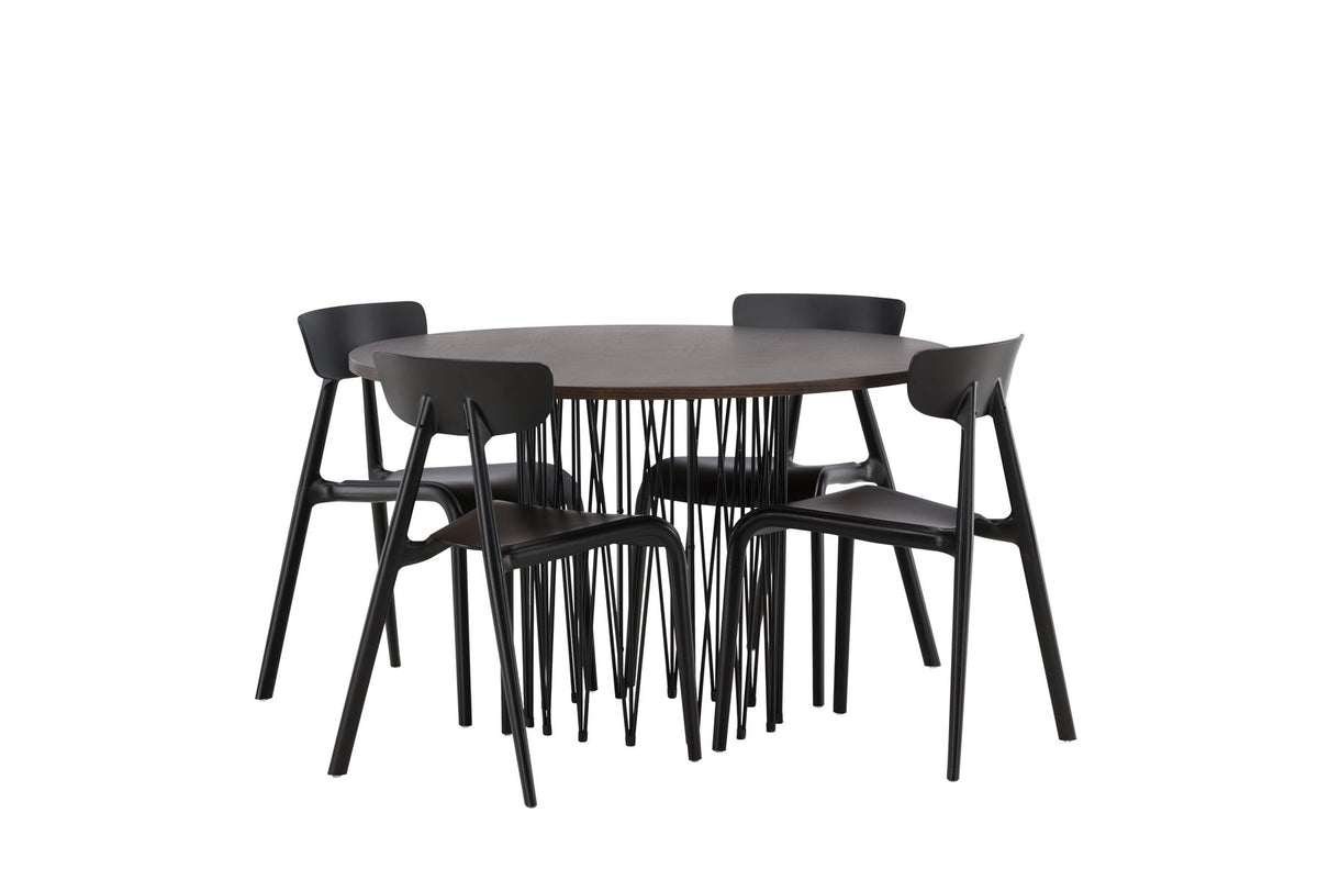 Rundes Esszimmerset mit Steinlook-Tisch aus MDF und Mocca-Furnier, schwarzem Metallgestell und vier Limhamn-Stühlen mit beigem Samtbezug.
