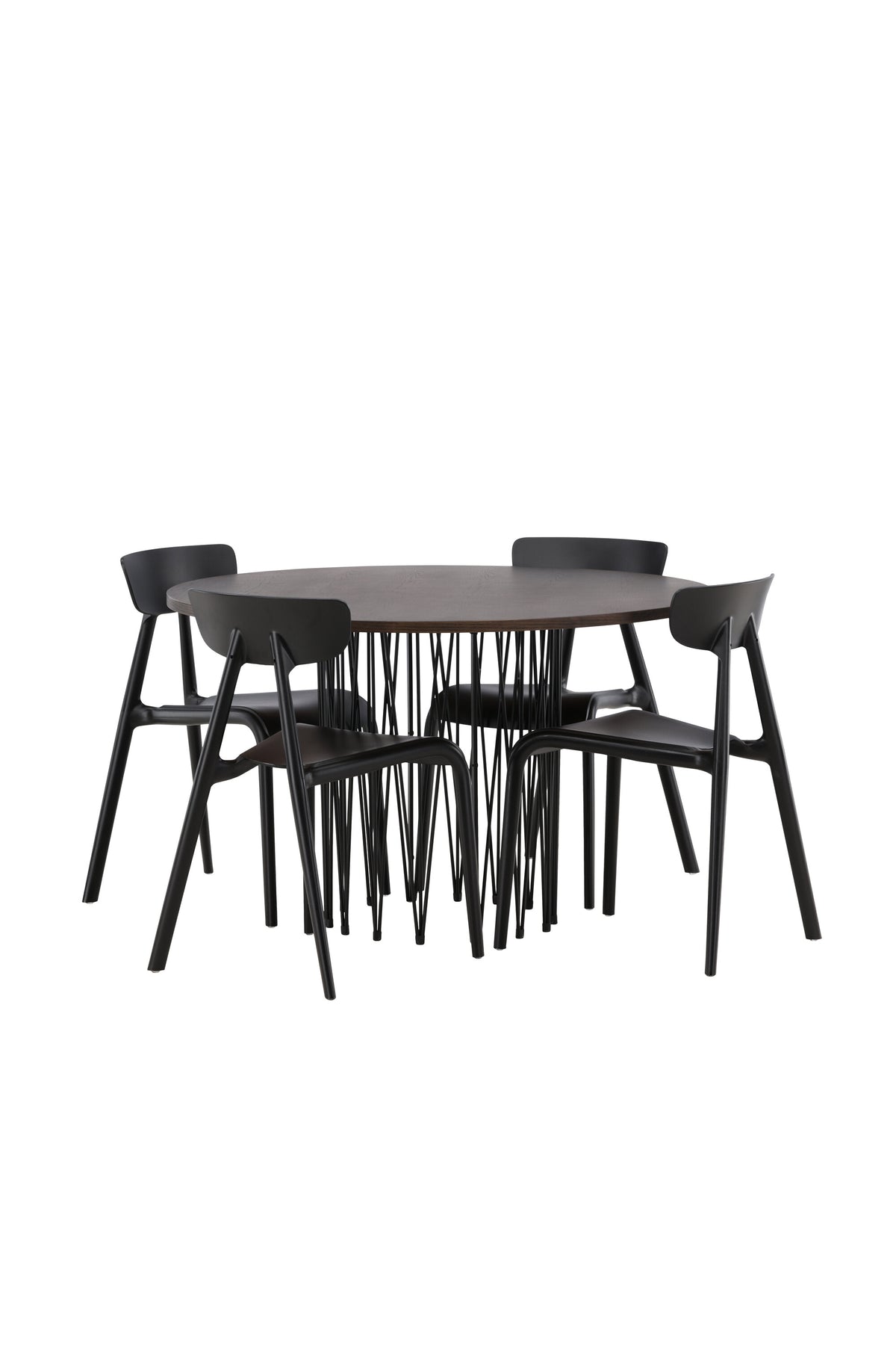 Rundes Esszimmerset mit Steinlook-Tisch aus MDF und Mocca-Furnier, schwarzem Metallgestell und vier Limhamn-Stühlen mit beigem Samtbezug.