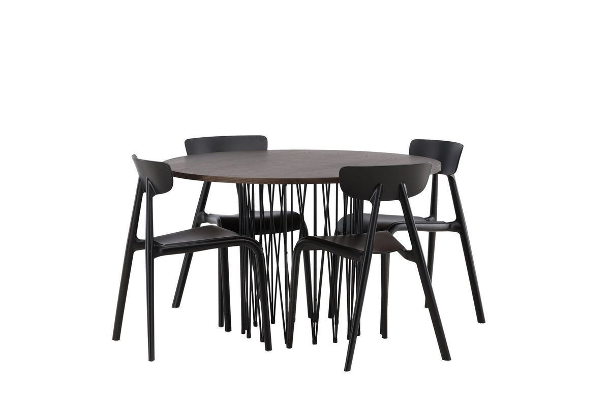 Rundes Esszimmerset mit Steinlook-Tisch aus MDF und Mocca-Furnier, schwarzem Metallgestell und vier Limhamn-Stühlen mit beigem Samtbezug.