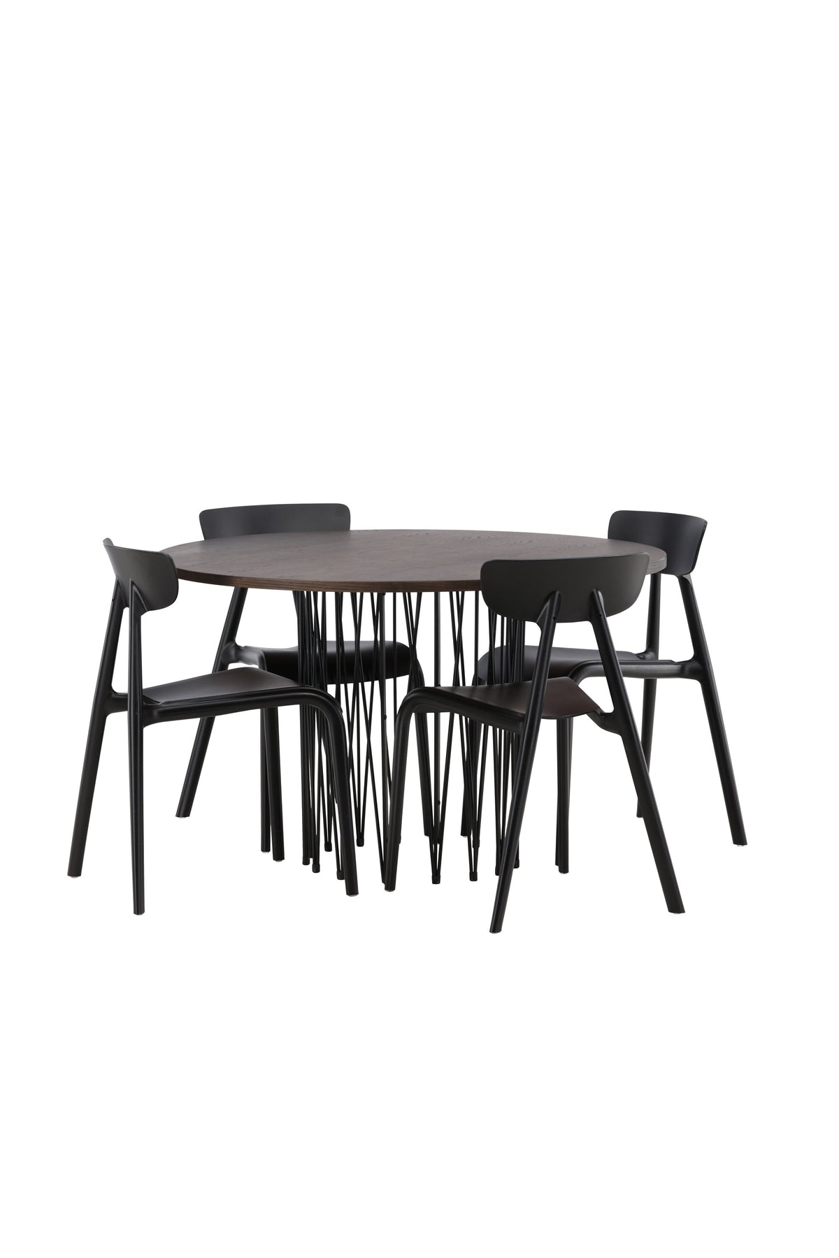 Rundes Esszimmerset mit Steinlook-Tisch aus MDF und Mocca-Furnier, schwarzem Metallgestell und vier Limhamn-Stühlen mit beigem Samtbezug.