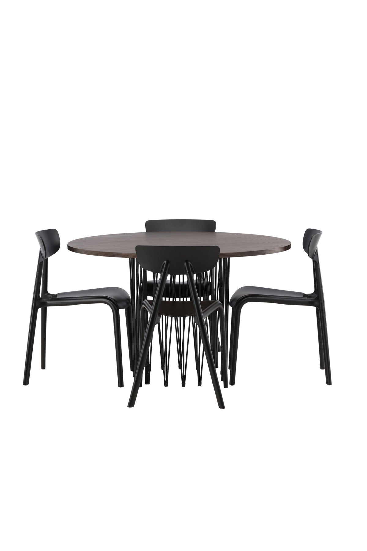 Rundes Esszimmerset mit Steinlook-Tisch aus MDF und Mocca-Furnier, schwarzem Metallgestell und vier Limhamn-Stühlen mit beigem Samtbezug.