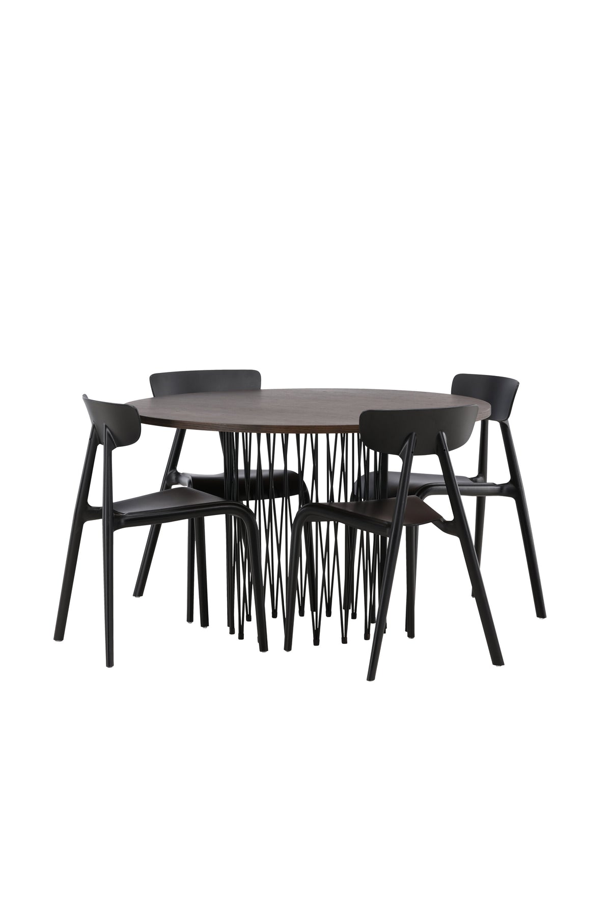 Rundes Esszimmerset mit Steinlook-Tisch aus MDF und Mocca-Furnier, schwarzem Metallgestell und vier Limhamn-Stühlen mit beigem Samtbezug.