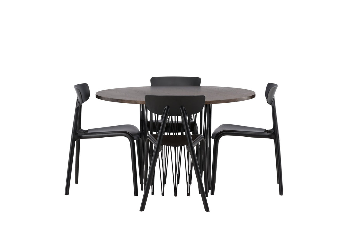 Rundes Esszimmerset mit Steinlook-Tisch aus MDF und Mocca-Furnier, schwarzem Metallgestell und vier Limhamn-Stühlen mit beigem Samtbezug.