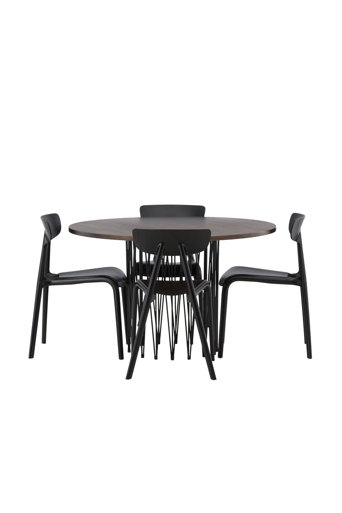 Rundes Esszimmerset mit Steinlook-Tisch aus MDF und Mocca-Furnier, schwarzem Metallgestell und vier Limhamn-Stühlen mit beigem Samtbezug.