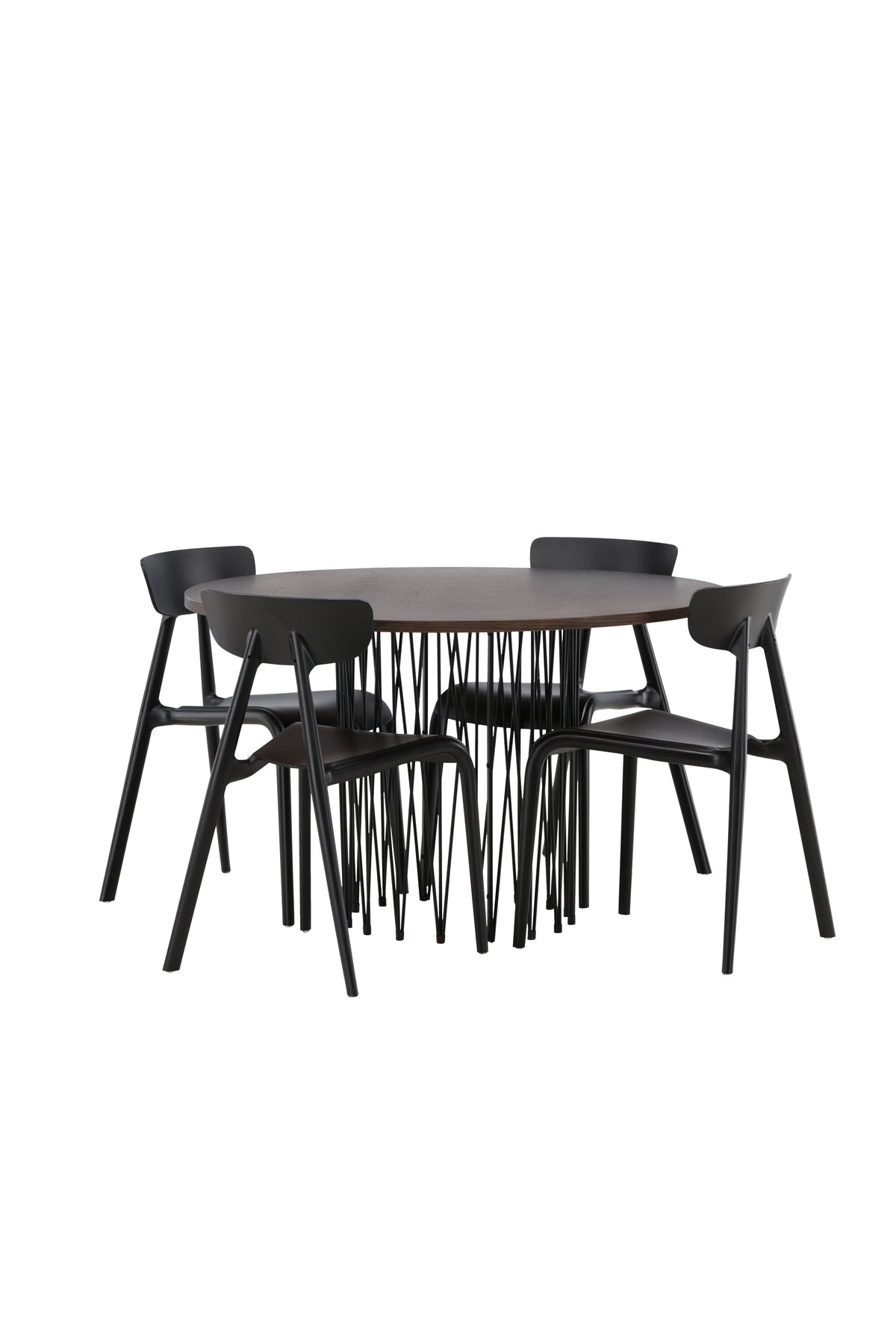 Rundes Esszimmerset mit Steinlook-Tisch aus MDF und Mocca-Furnier, schwarzem Metallgestell und vier Limhamn-Stühlen mit beigem Samtbezug.
