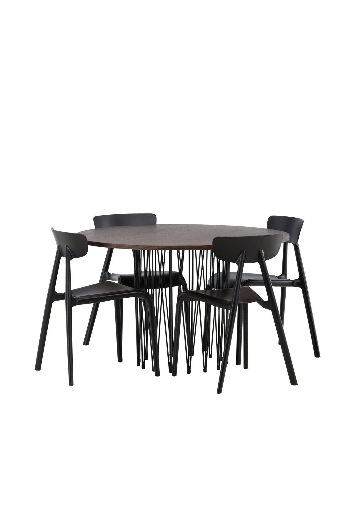 Rundes Esszimmerset mit Steinlook-Tisch aus MDF und Mocca-Furnier, schwarzem Metallgestell und vier Limhamn-Stühlen mit beigem Samtbezug.