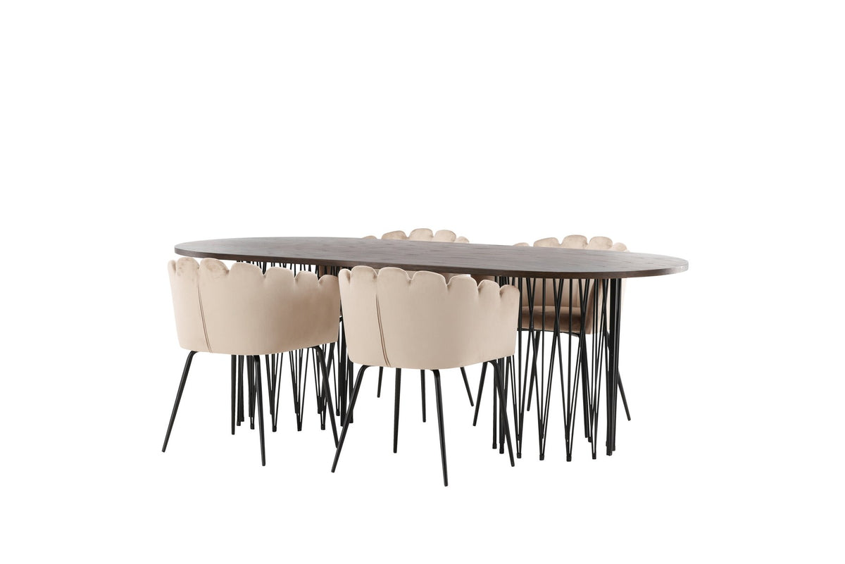 Ovaler Esstisch mit Tischplatte aus MDF mit Mocca-Furnier und schwarzem Metallgestell, umgeben von vier Limhamn-Stühlen mit beigem Samtbezug.