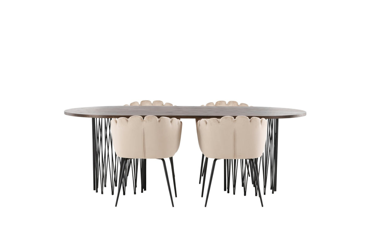Ovaler Esstisch mit Tischplatte aus MDF mit Mocca-Furnier und schwarzem Metallgestell, umgeben von vier Limhamn-Stühlen mit beigem Samtbezug.