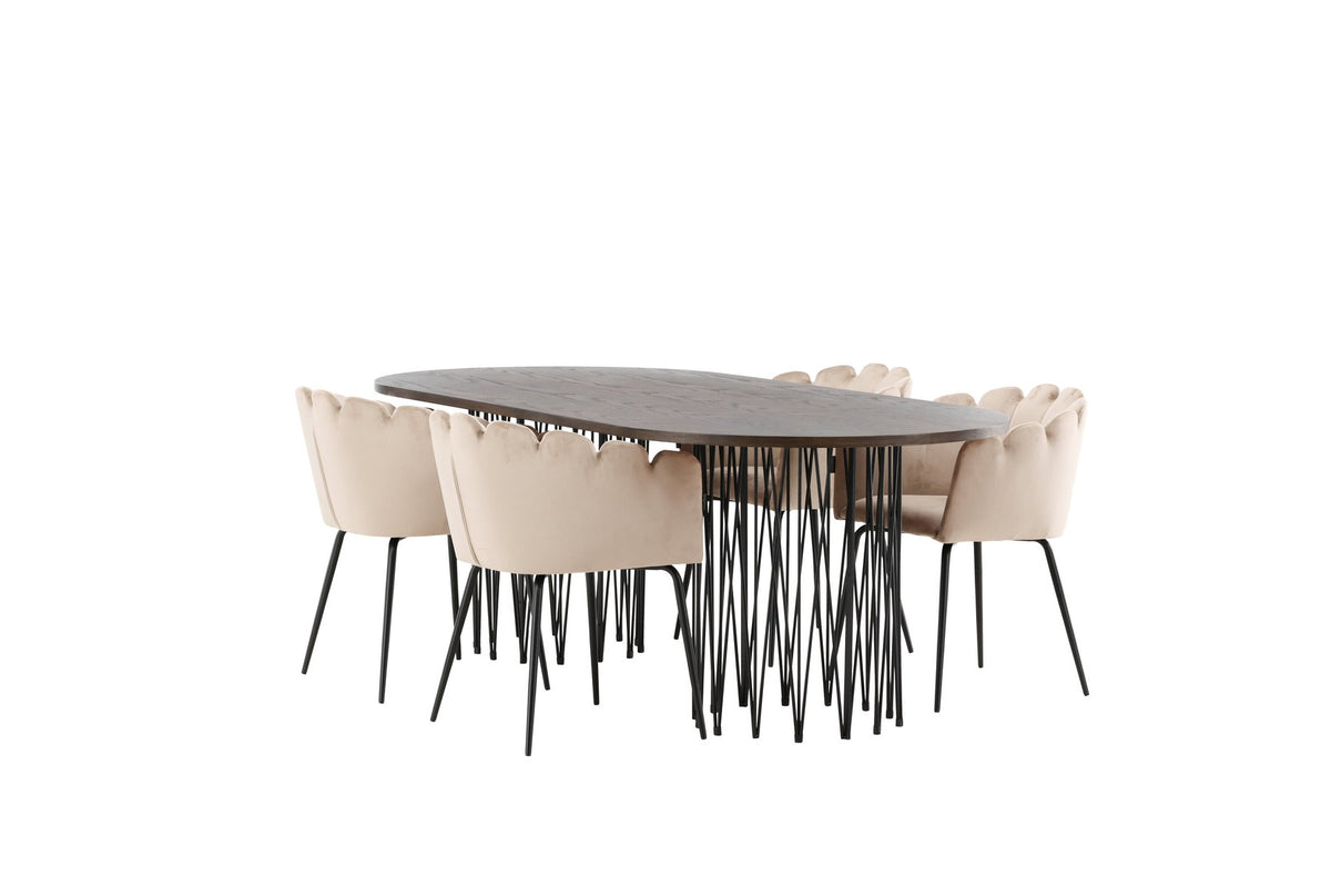 Ovaler Esstisch mit Tischplatte aus MDF mit Mocca-Furnier und schwarzem Metallgestell, umgeben von vier Limhamn-Stühlen mit beigem Samtbezug.