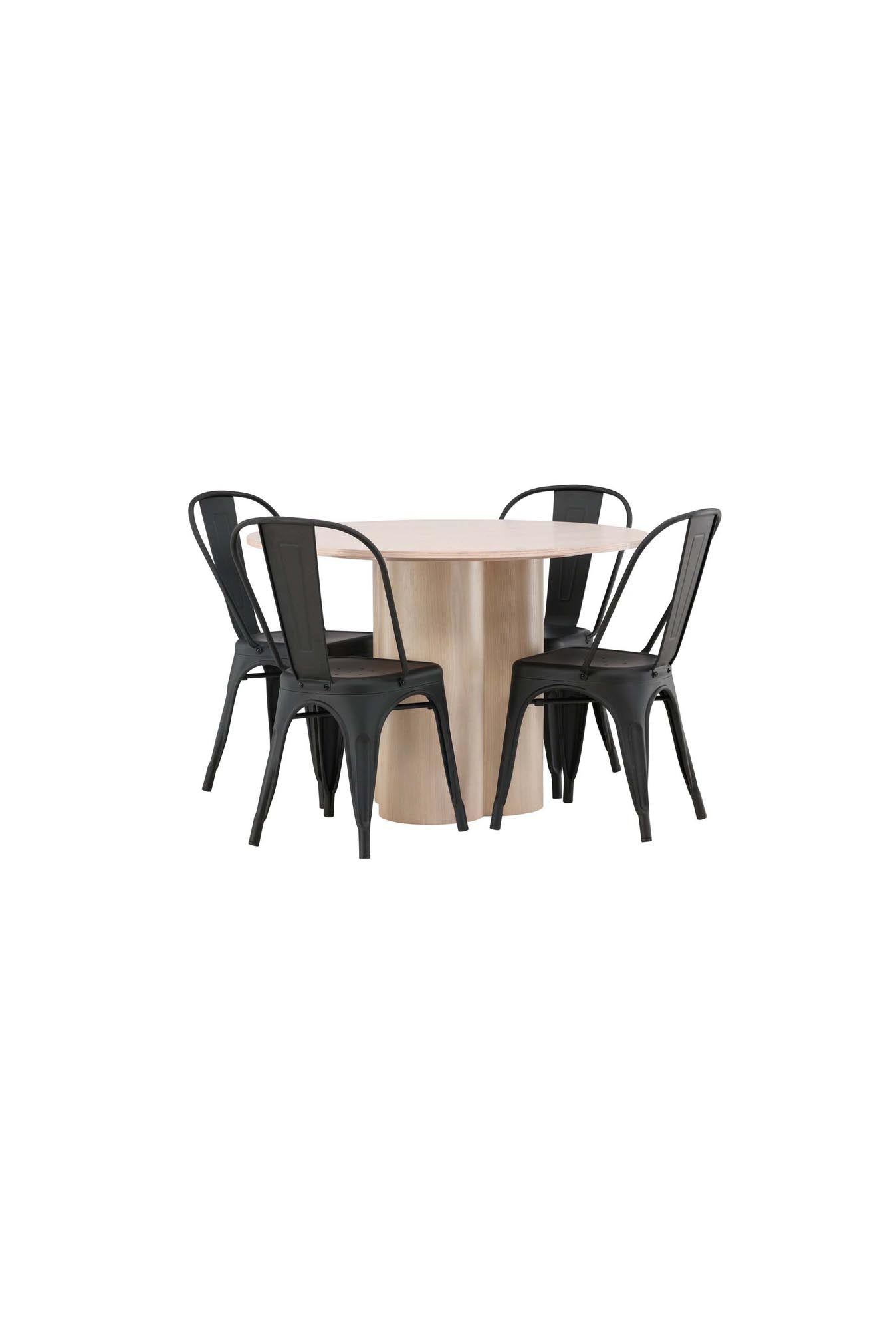Modernes Esszimmer Set: Olivia Tisch ⌀110cm mit 4 Tempe-Stühlen. Skandinavisches Design, hochwertige Materialien, ideal für gesellige Abende.