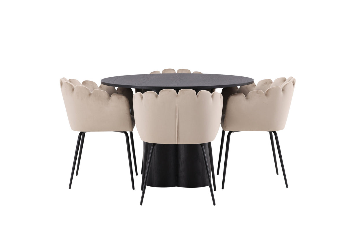 Olivia Esszimmer Set + Limhamn ⌀110cm/4St. in Schwarz / Beige präsentiert im Onlineshop von KAQTU Design AG. Esszimmerset ist von Venture Home