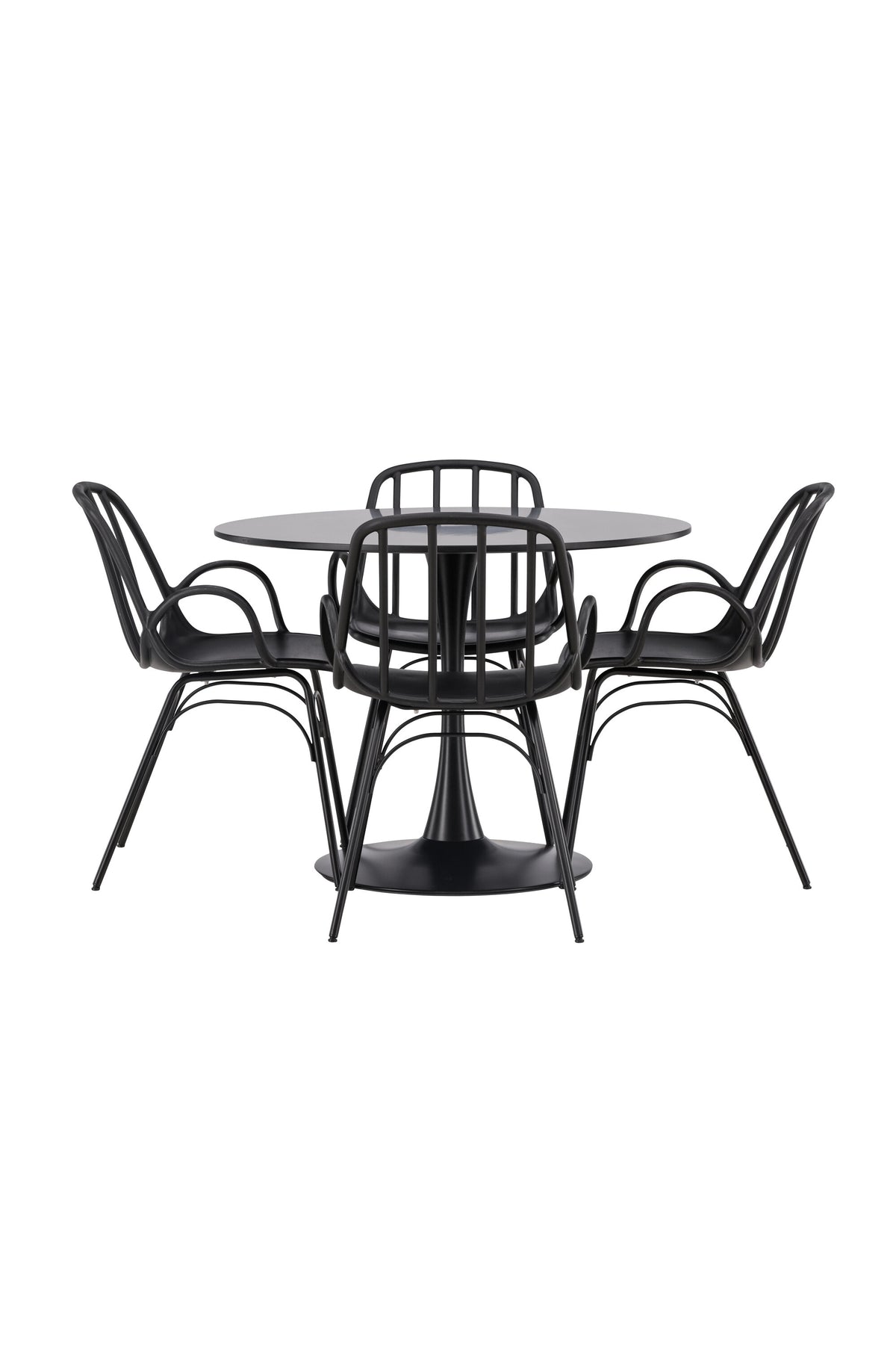 Schwarzes Esszimmerset Glade mit rundem MDF-Tisch und vier Dyrön-Stühlen aus Kunststoff und Stahl, skandinavisches Design.