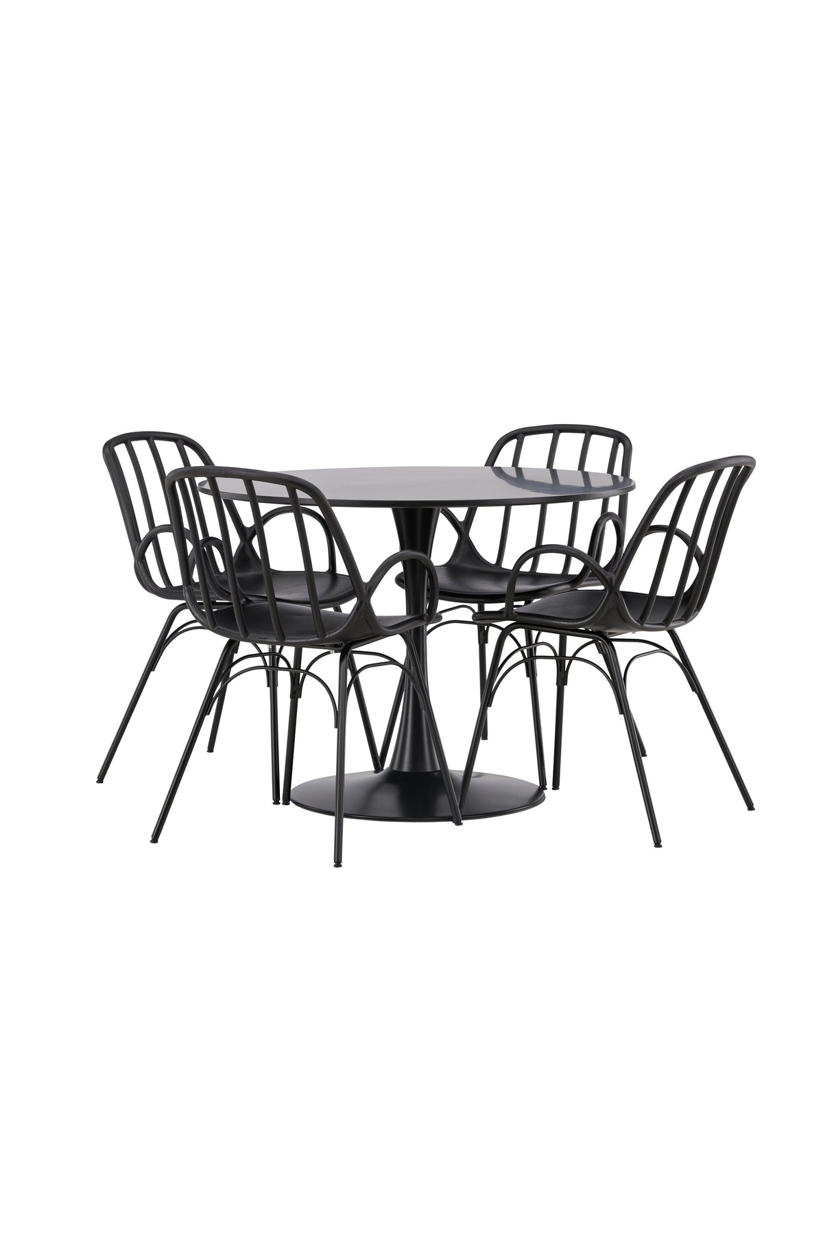 Schwarzes Esszimmerset Glade mit rundem MDF-Tisch und vier Dyrön-Stühlen aus Kunststoff und Stahl, skandinavisches Design.