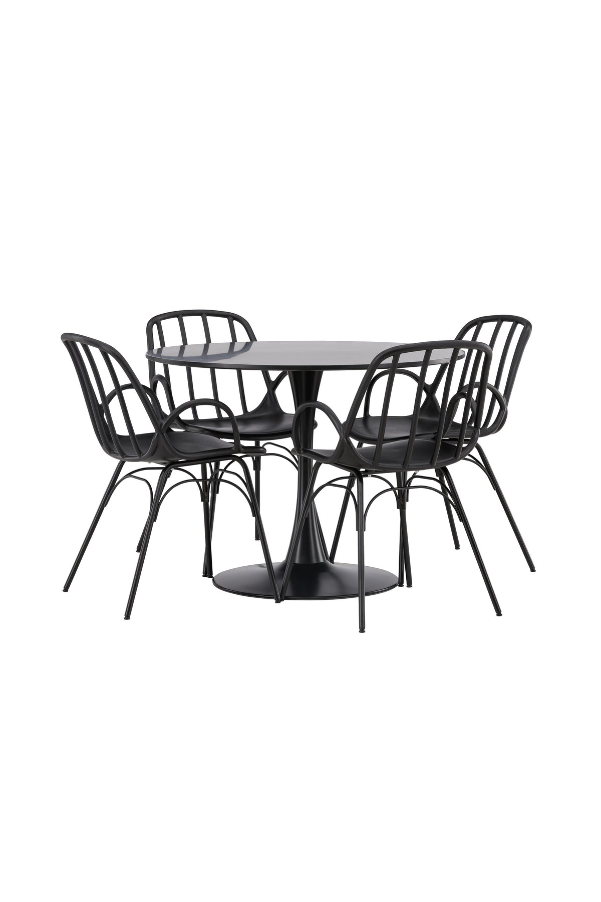 Schwarzes Esszimmerset Glade mit rundem MDF-Tisch und vier Dyrön-Stühlen aus Kunststoff und Stahl, skandinavisches Design.