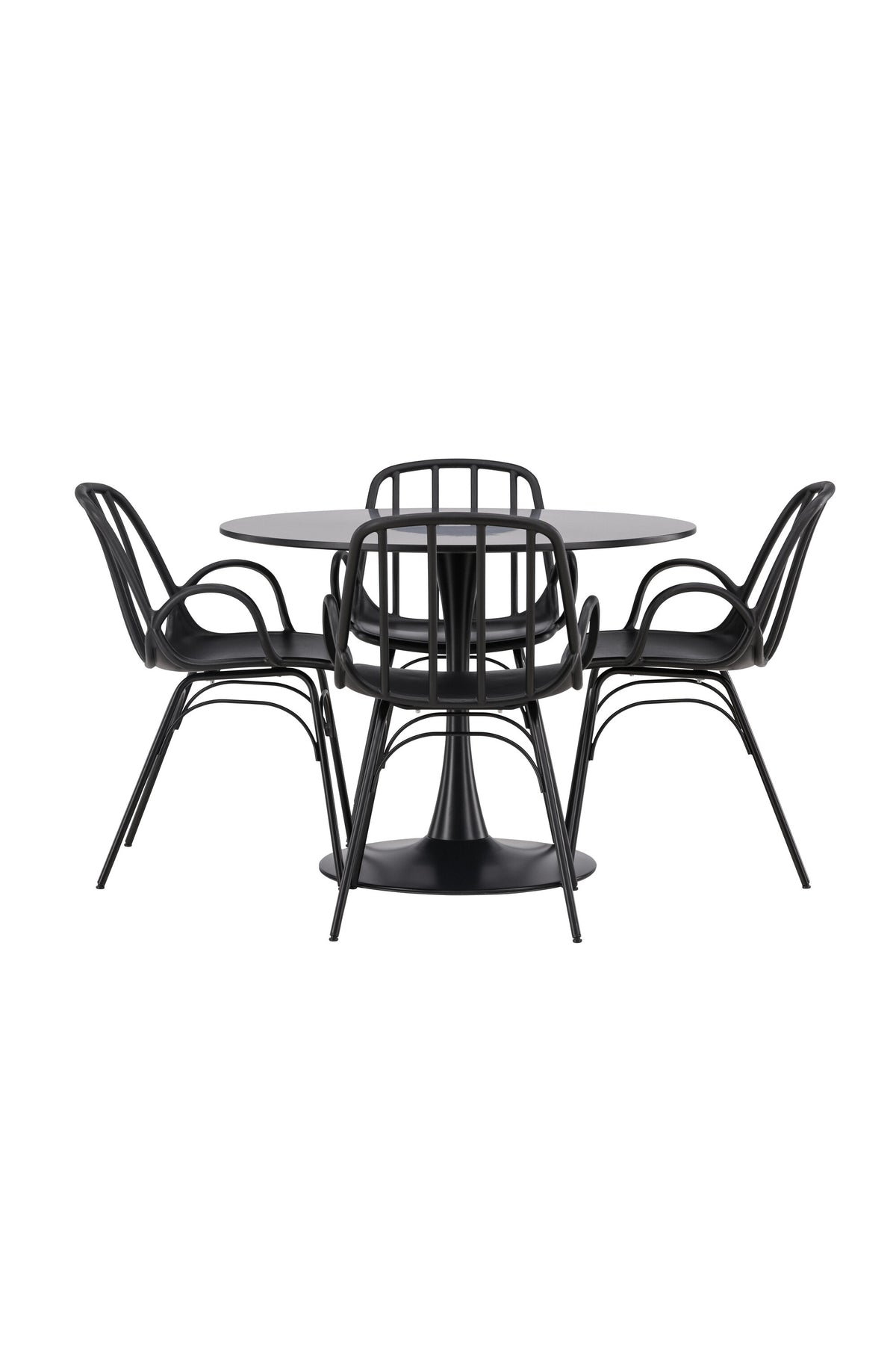Schwarzes Esszimmerset Glade mit rundem MDF-Tisch und vier Dyrön-Stühlen aus Kunststoff und Stahl, skandinavisches Design.