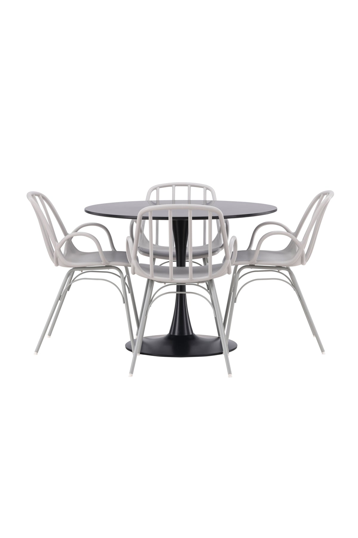 Schwarzes Esszimmerset Glade mit rundem MDF-Tisch und vier Dyrön-Stühlen aus Kunststoff und Stahl, skandinavisches Design.