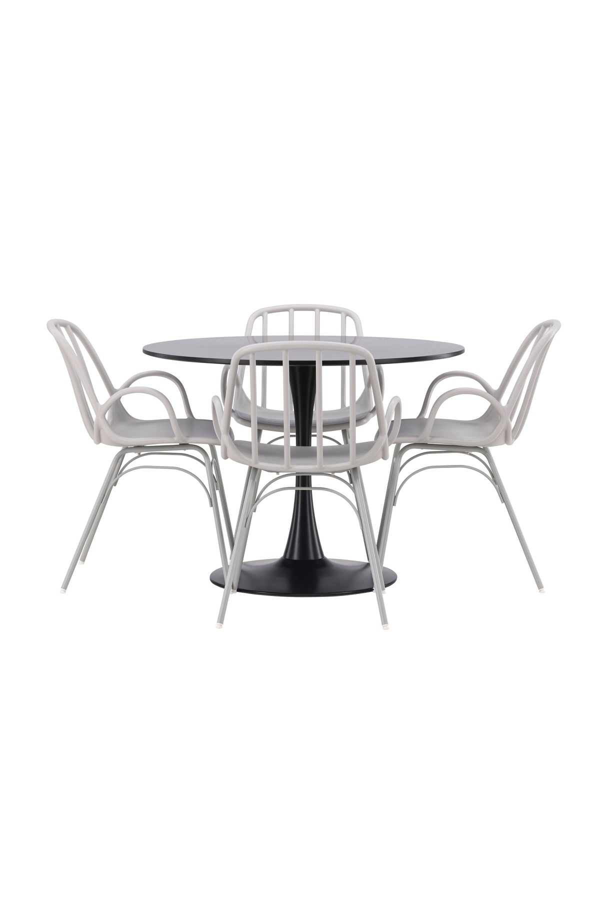 Schwarzes Esszimmerset Glade mit rundem MDF-Tisch und vier Dyrön-Stühlen aus Kunststoff und Stahl, skandinavisches Design.