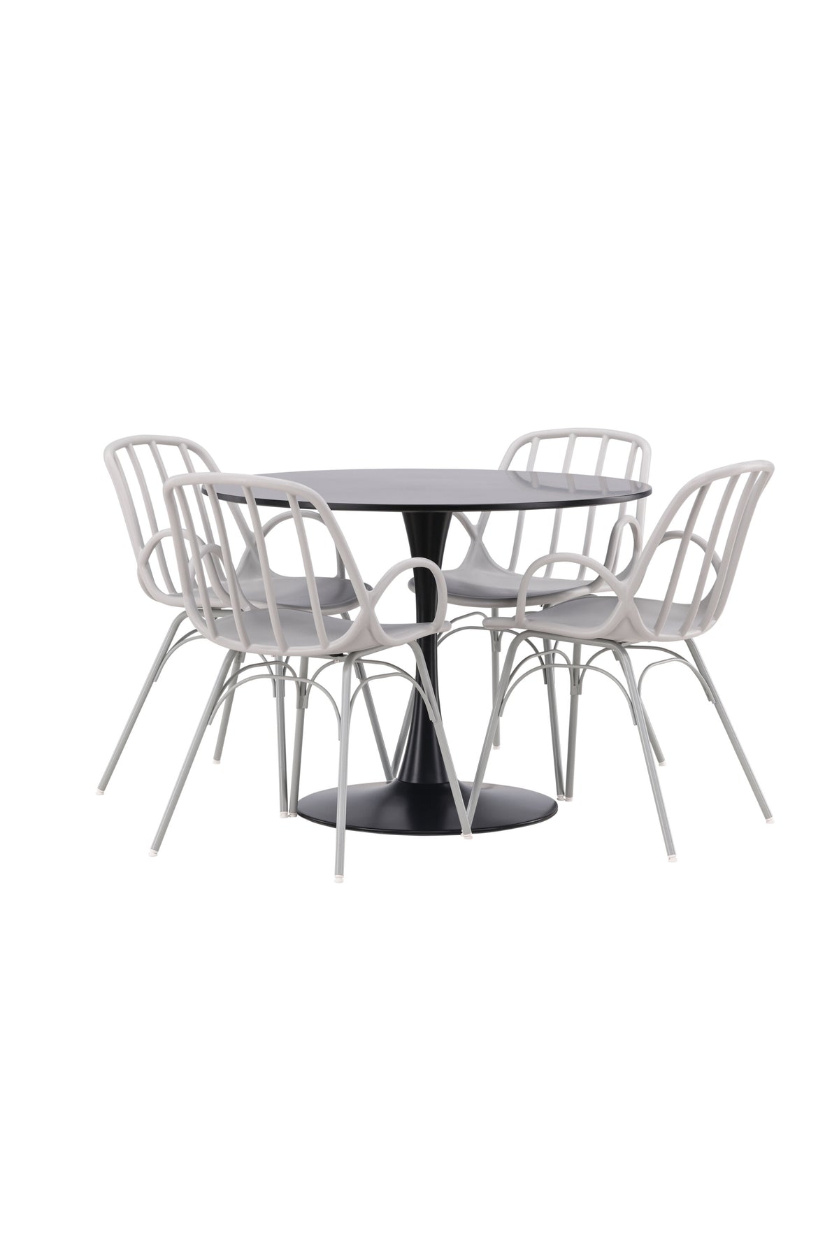 Schwarzes Esszimmerset Glade mit rundem MDF-Tisch und vier Dyrön-Stühlen aus Kunststoff und Stahl, skandinavisches Design.