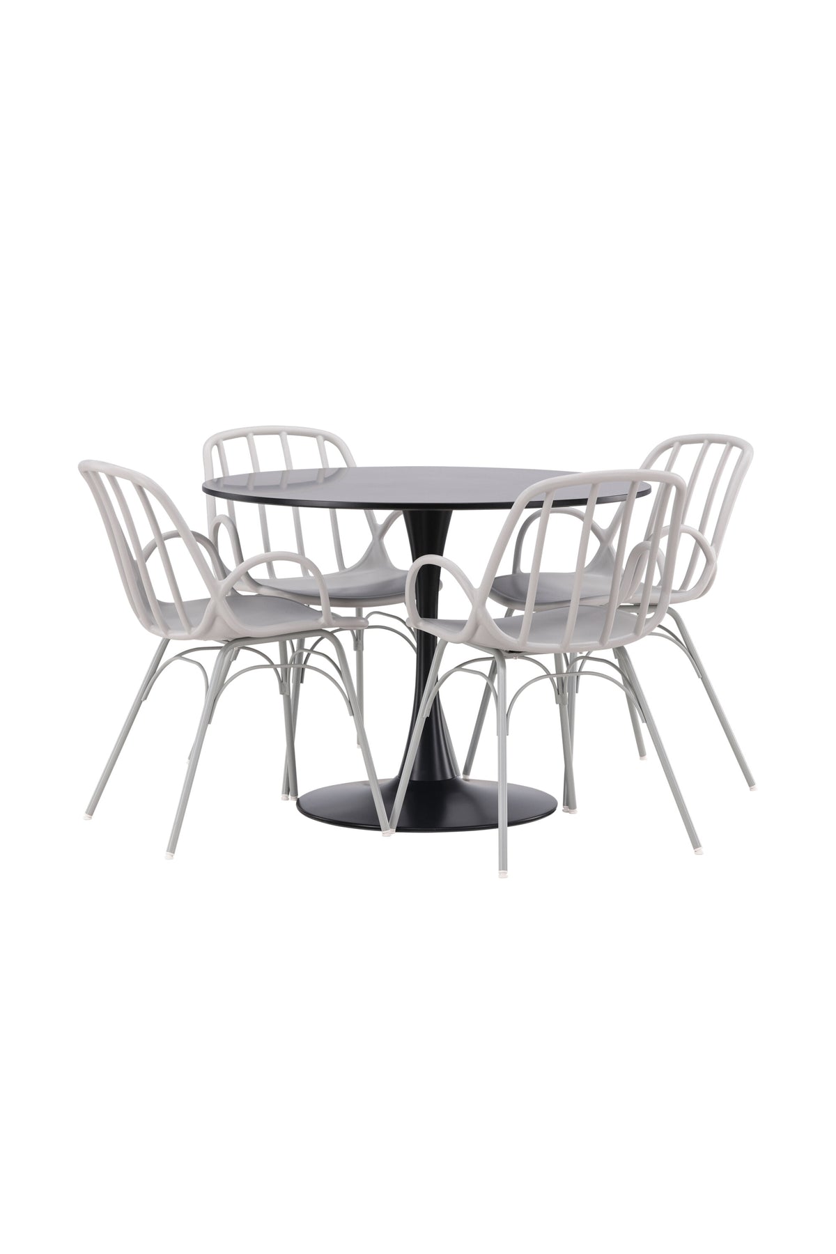 Schwarzes Esszimmerset Glade mit rundem MDF-Tisch und vier Dyrön-Stühlen aus Kunststoff und Stahl, skandinavisches Design.