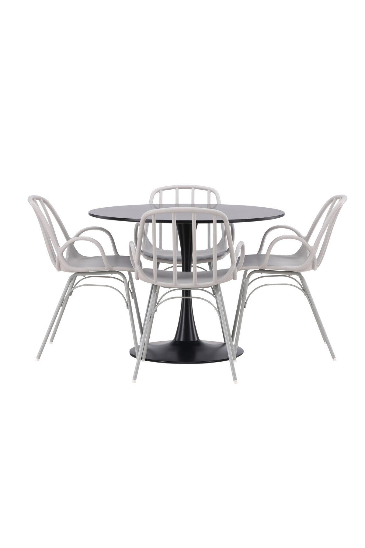 Schwarzes Esszimmerset Glade mit rundem MDF-Tisch und vier Dyrön-Stühlen aus Kunststoff und Stahl, skandinavisches Design.