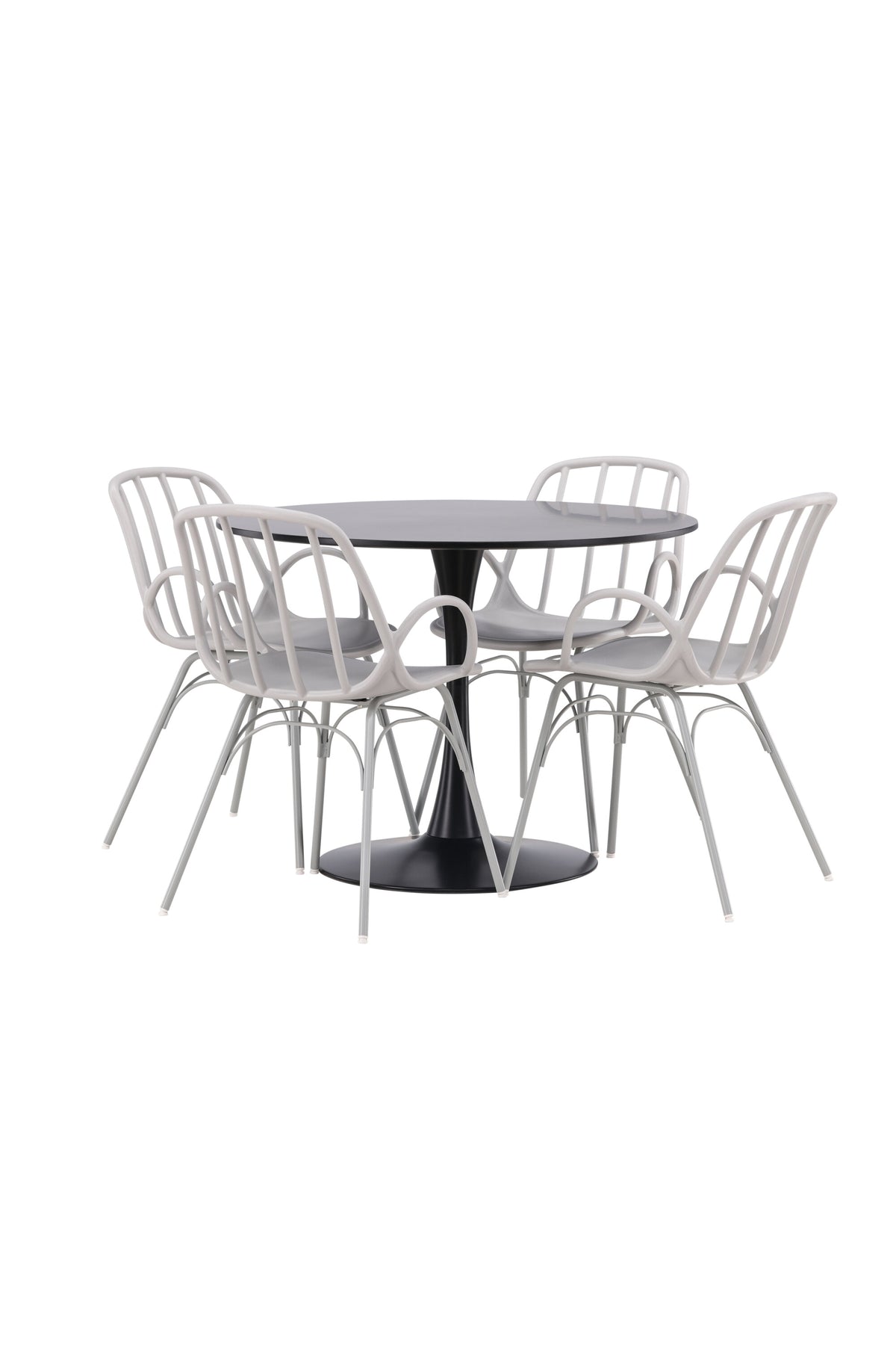 Schwarzes Esszimmerset Glade mit rundem MDF-Tisch und vier Dyrön-Stühlen aus Kunststoff und Stahl, skandinavisches Design.