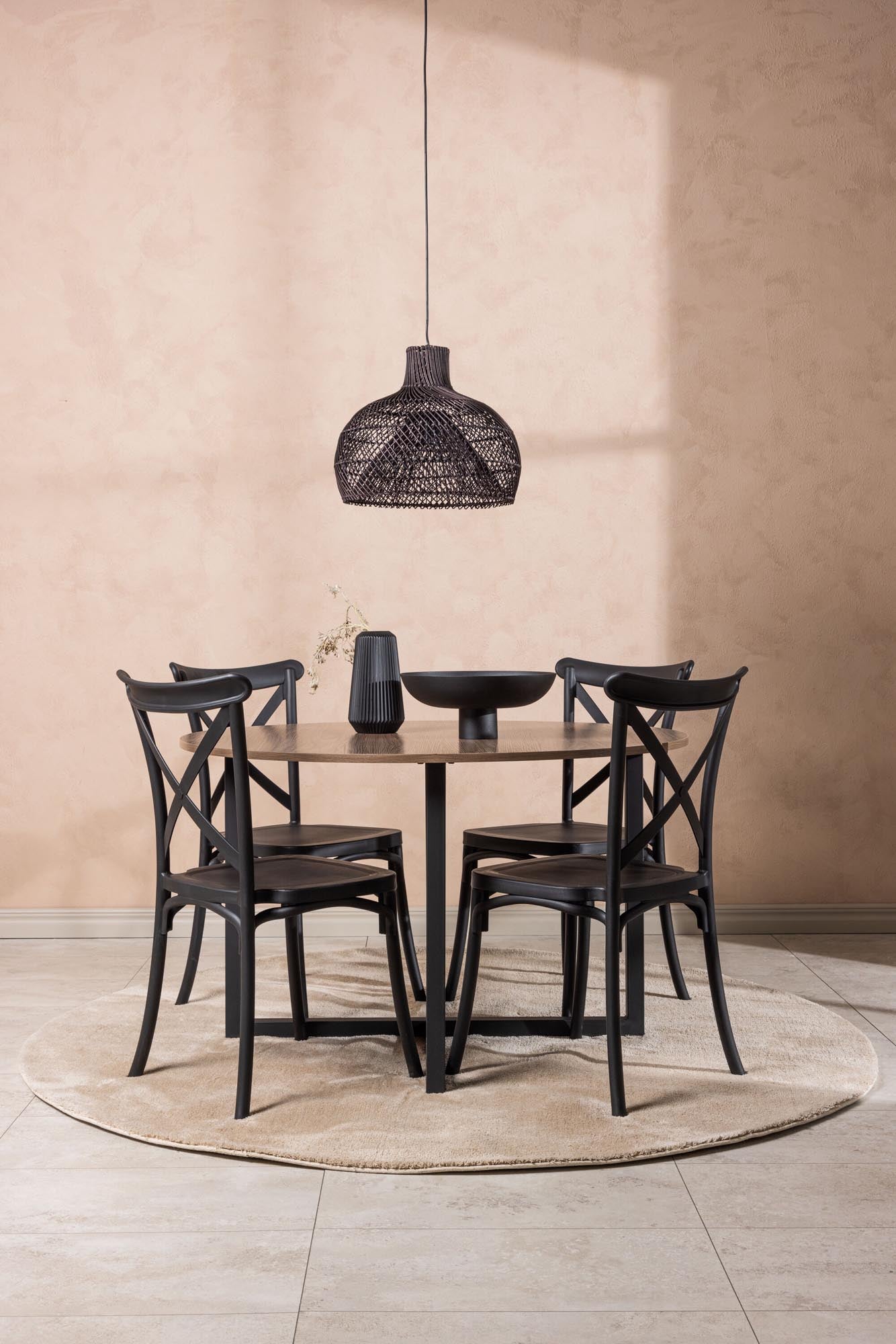 Elegantes Esszimmerset: Walnuss-Tisch ⌀120cm, 4 pflegeleichte Crosett-Stühle. Modernes Design, hoher Komfort, ideal für gesellige Runden.
