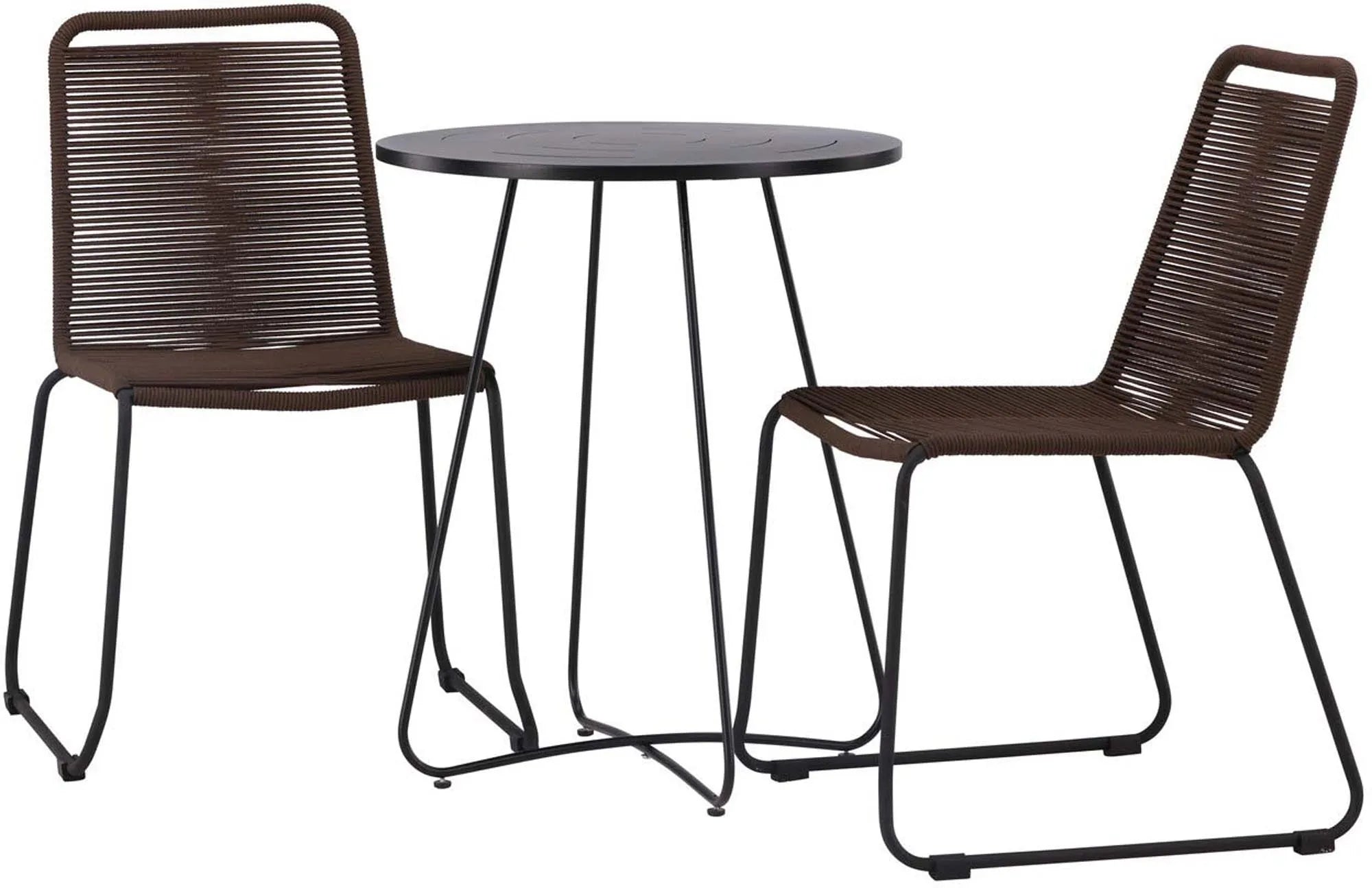Stilvolles Bacong Outdoor-Set mit rundem Lindos-Tisch (⌀60cm) und 2 Stühlen von Venture Home, perfekt für Terrasse oder Balkon.