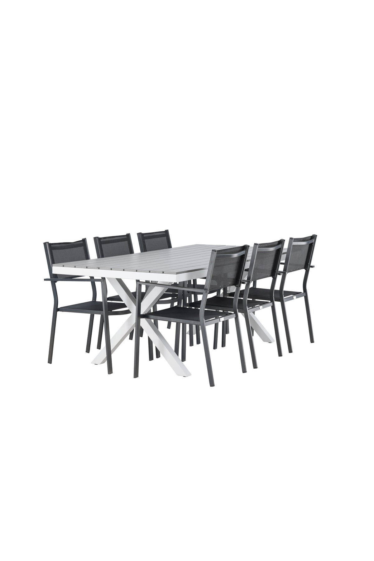 Rechteckiger Gartentisch Garcia mit Aluminiumgestell und Aintwood-Platte, umgeben von sechs stapelbaren Copacabana-Stühlen mit Textilene-Sitzfläche.