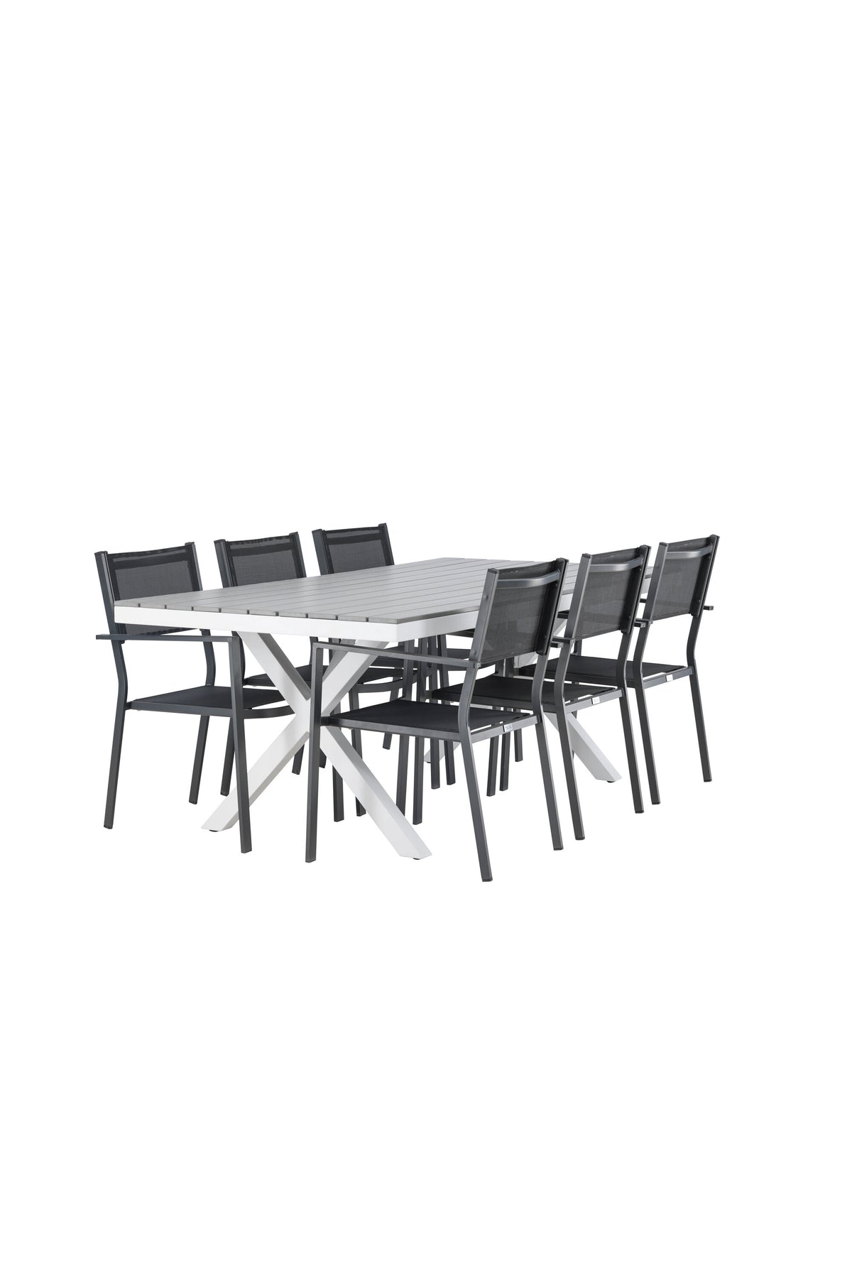 Rechteckiger Gartentisch Garcia mit Aluminiumgestell und Aintwood-Platte, umgeben von sechs stapelbaren Copacabana-Stühlen mit Textilene-Sitzfläche.