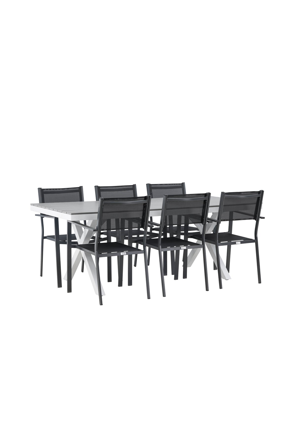 Rechteckiger Gartentisch Garcia mit Aluminiumgestell und Aintwood-Platte, umgeben von sechs stapelbaren Copacabana-Stühlen mit Textilene-Sitzfläche.