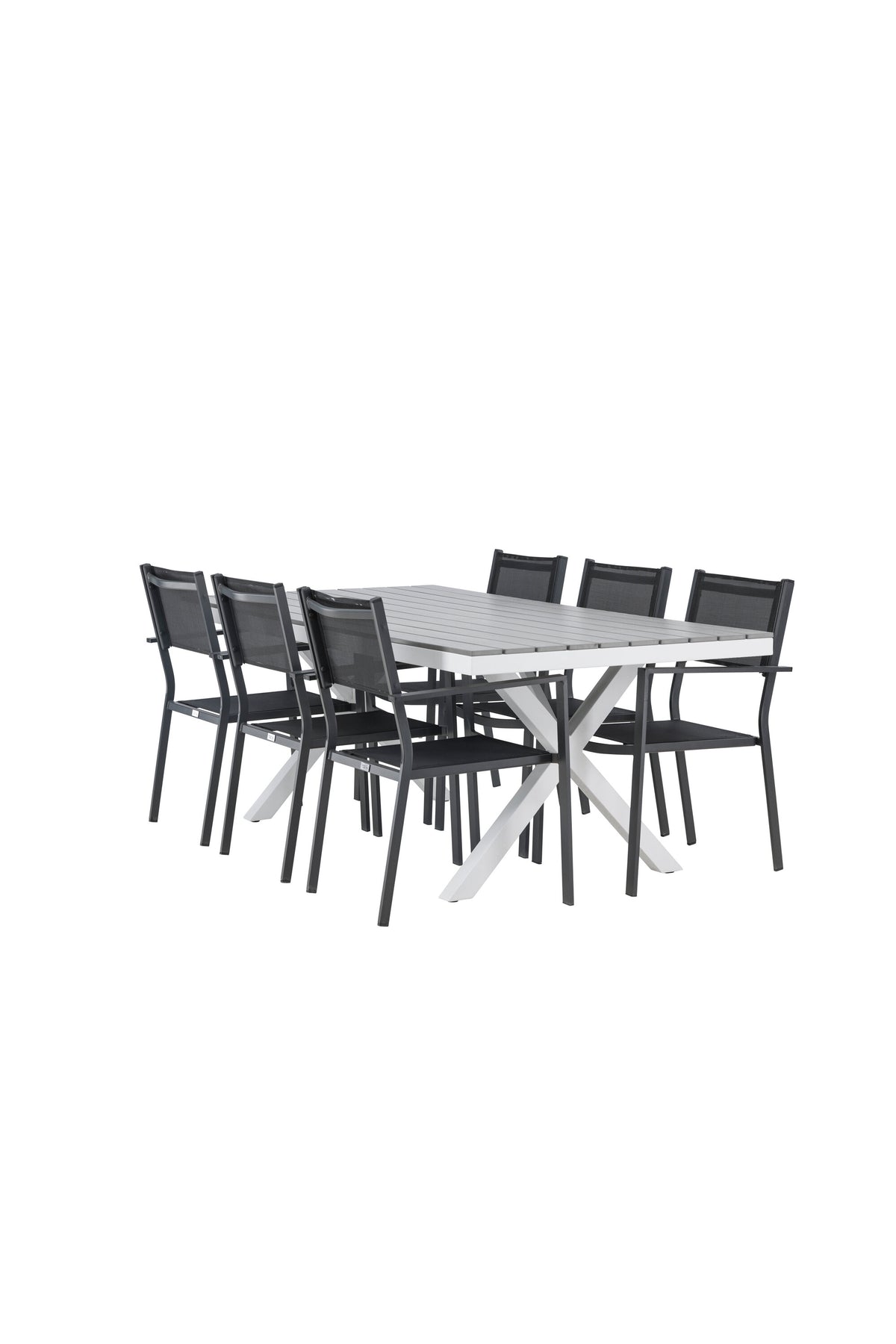Rechteckiger Gartentisch Garcia mit Aluminiumgestell und Aintwood-Platte, umgeben von sechs stapelbaren Copacabana-Stühlen mit Textilene-Sitzfläche.