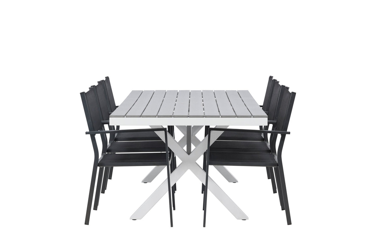 Rechteckiger Gartentisch Garcia mit Aluminiumgestell und Aintwood-Platte, umgeben von sechs stapelbaren Copacabana-Stühlen mit Textilene-Sitzfläche.