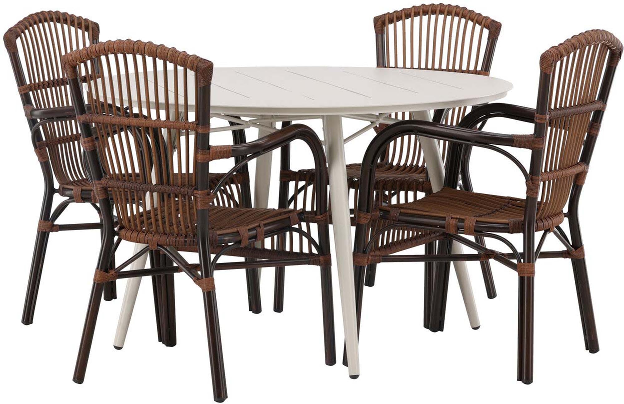 Stilvolles Lina Outdoor-Tischset + Galera: 120cm Tisch, 4 komfortable Stühle, modernes Design, ideal für gesellige Sommerabende.