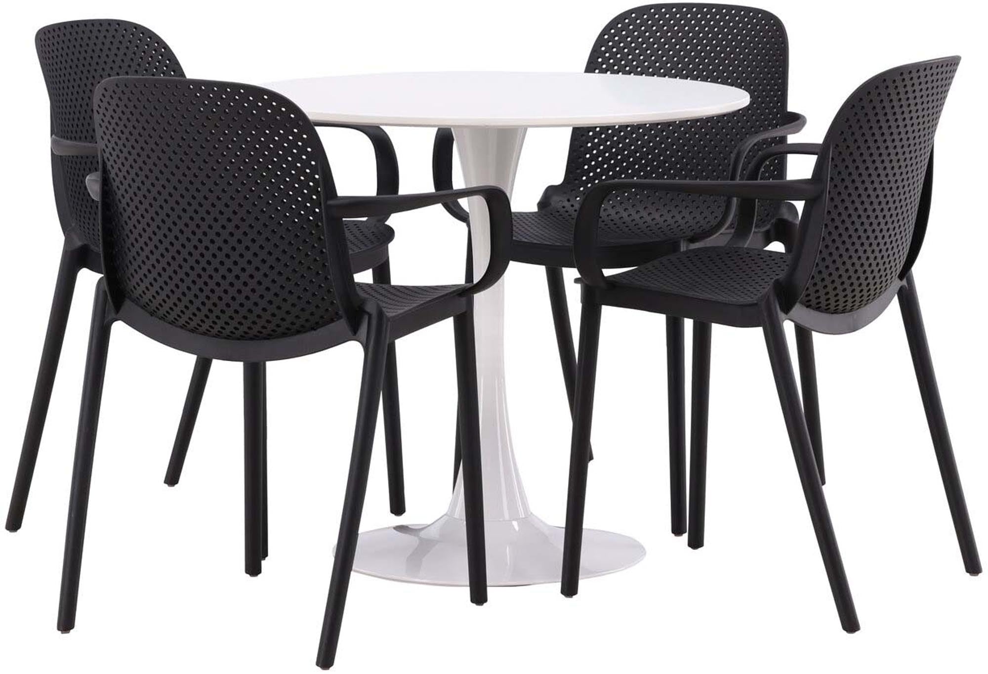 Modernes Esszimmerset mit weissem Tisch und schwarzen Stühlen, ideal für stilvolle, gesellige Runden.