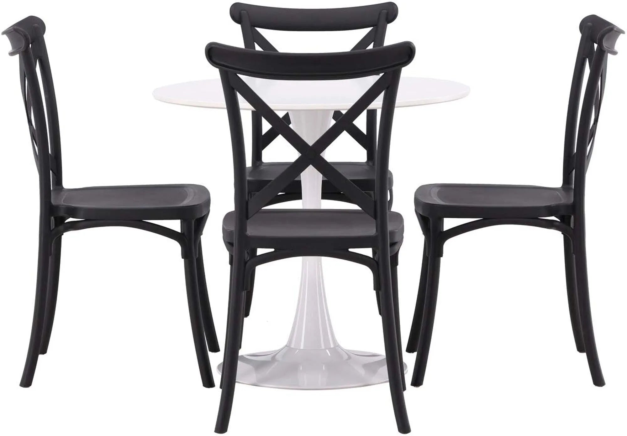 Modernes Esszimmerset mit 80cm Tisch und 4 Crosett-Stühlen. Weiß-schwarz, pflegeleicht, ideal für stilvolle Räume.
