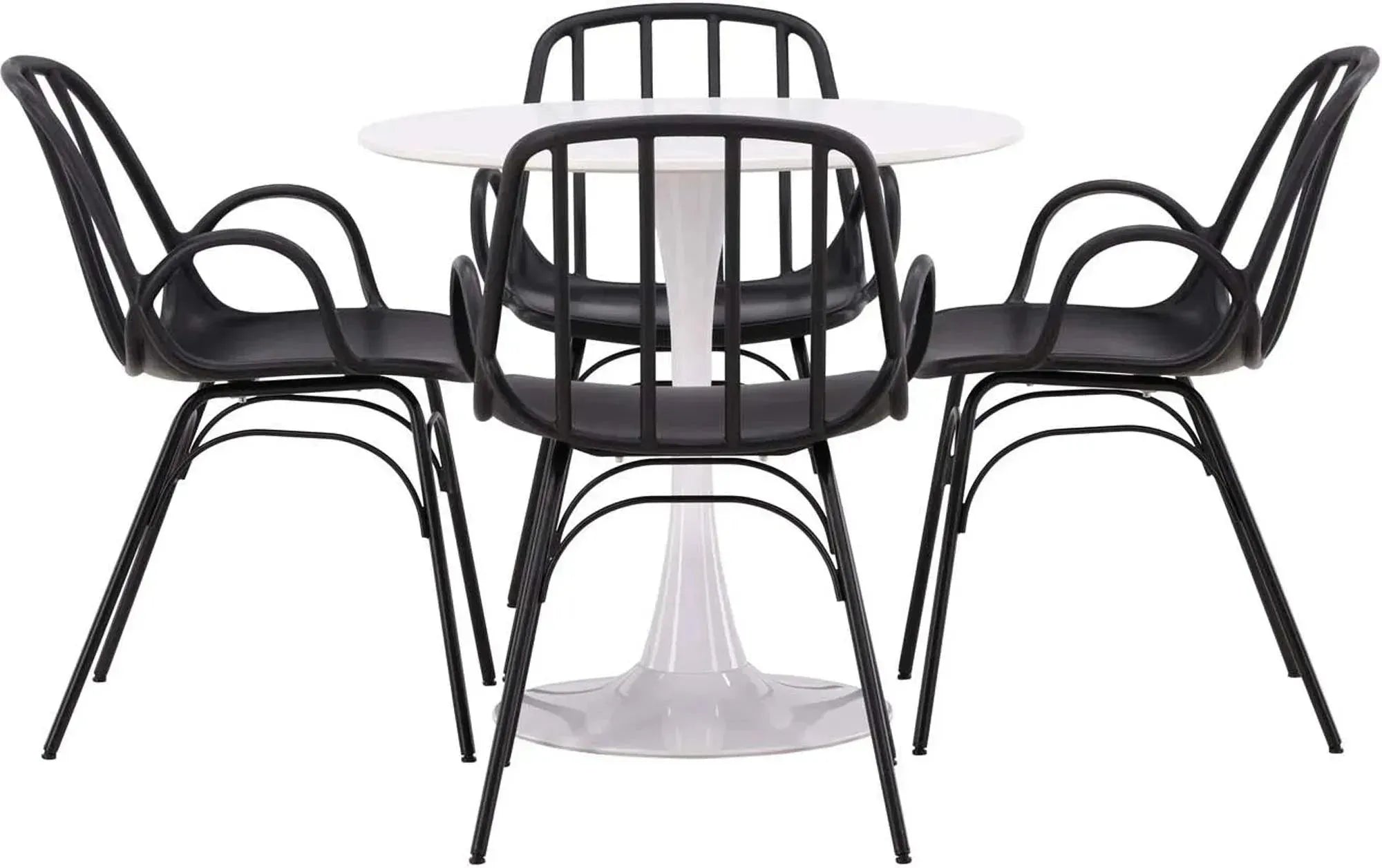 Modernes Esszimmerset: Hamden-Tisch (80cm, weiß) & 4 Dyrön-Stühle (schwarz, Stahl). Stilvoll, funktional, pflegeleicht.